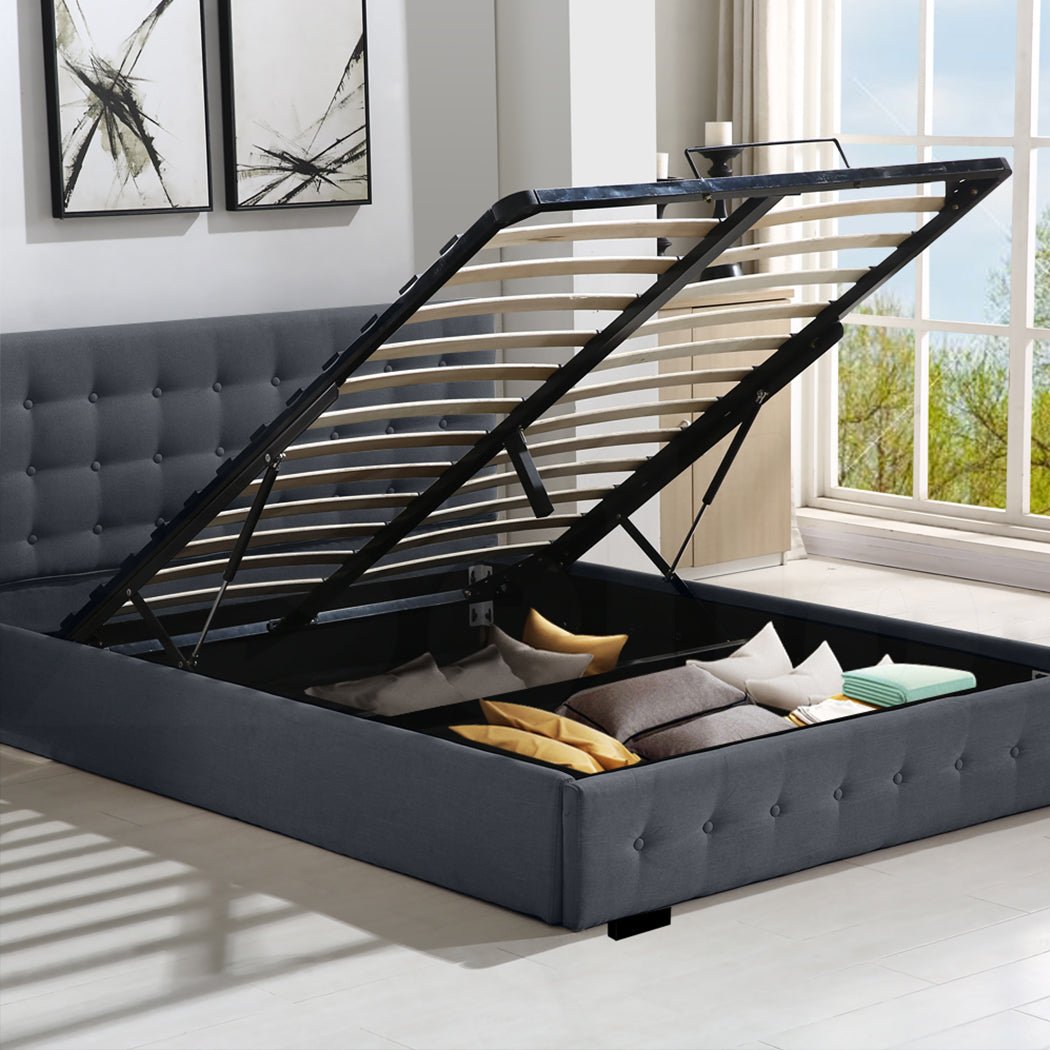 Bendigo Queen Size Gas Lift Storage Bed Frame with Hydraulic Mechanism - Dark Grey - Perfect for Small Bedrooms & Guest Rooms