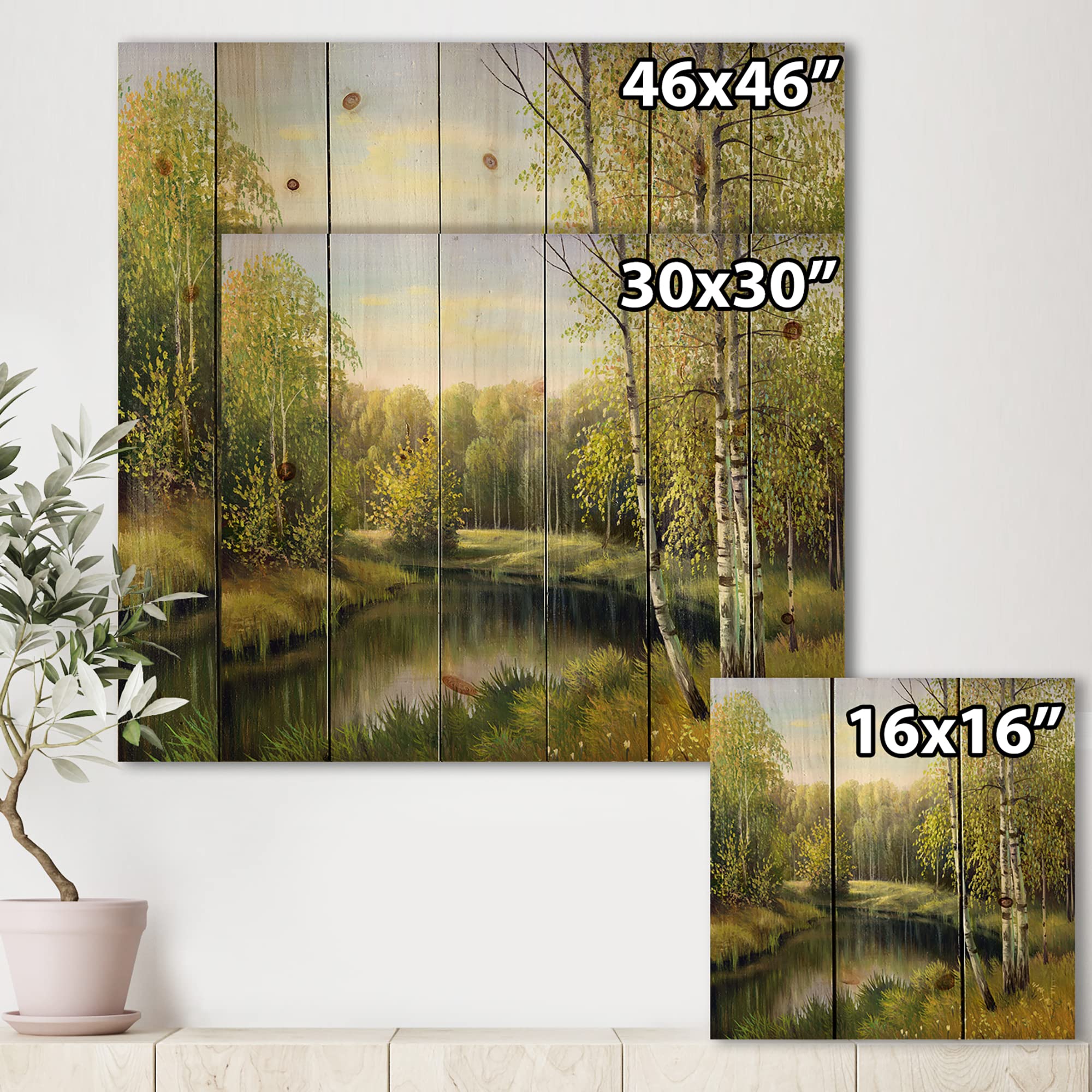 DesignQ Traditional Wood Wall Art - 'Birches By The River' Landscape Painting on Natural Pine Wood, Large Green Nature Wall Decor for Living Room, Bedroom & Office