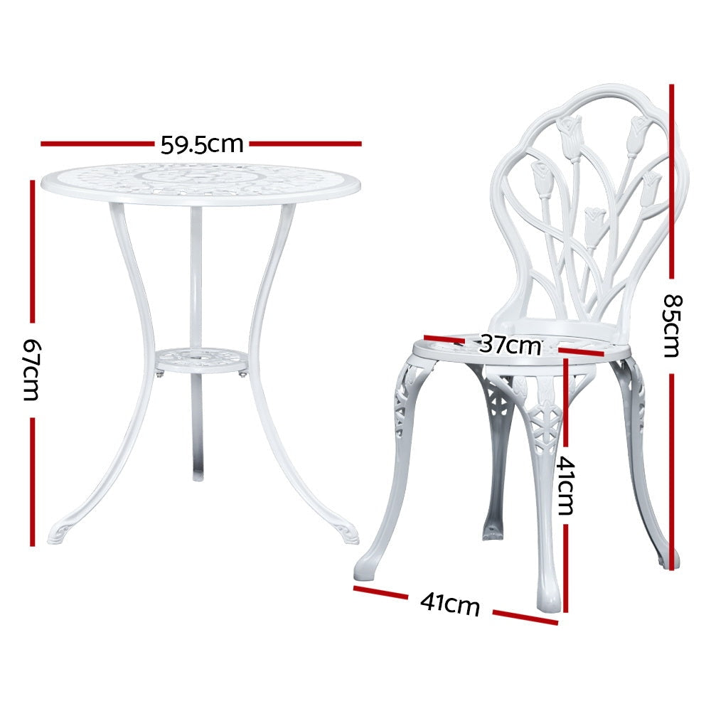 3-Piece Outdoor Patio Dining Set - White Cast Aluminum Bistro Table and Chairs for Garden, Backyard, Poolside & Balcony Use