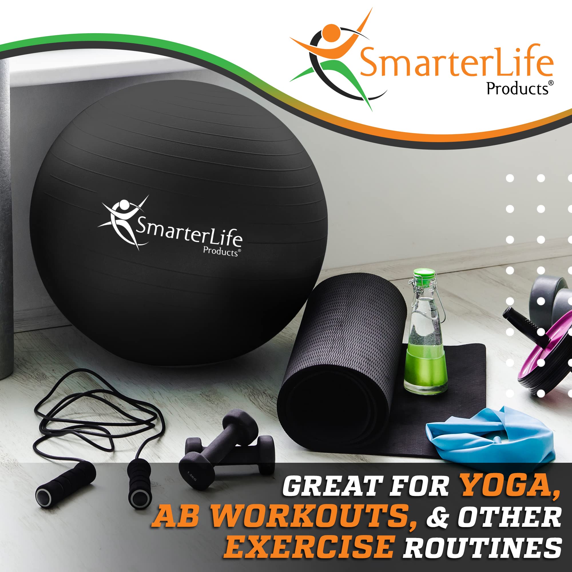 SmarterLife Exercise Ball - Anti-Burst Yoga Ball for Fitness, Core Workouts, Physical Therapy & Pregnancy Support | Balance & Stability Training | Office Yoga Ball Chair | Perfect for Home Gym, Yoga Studio & Physical Therapy Sessions
