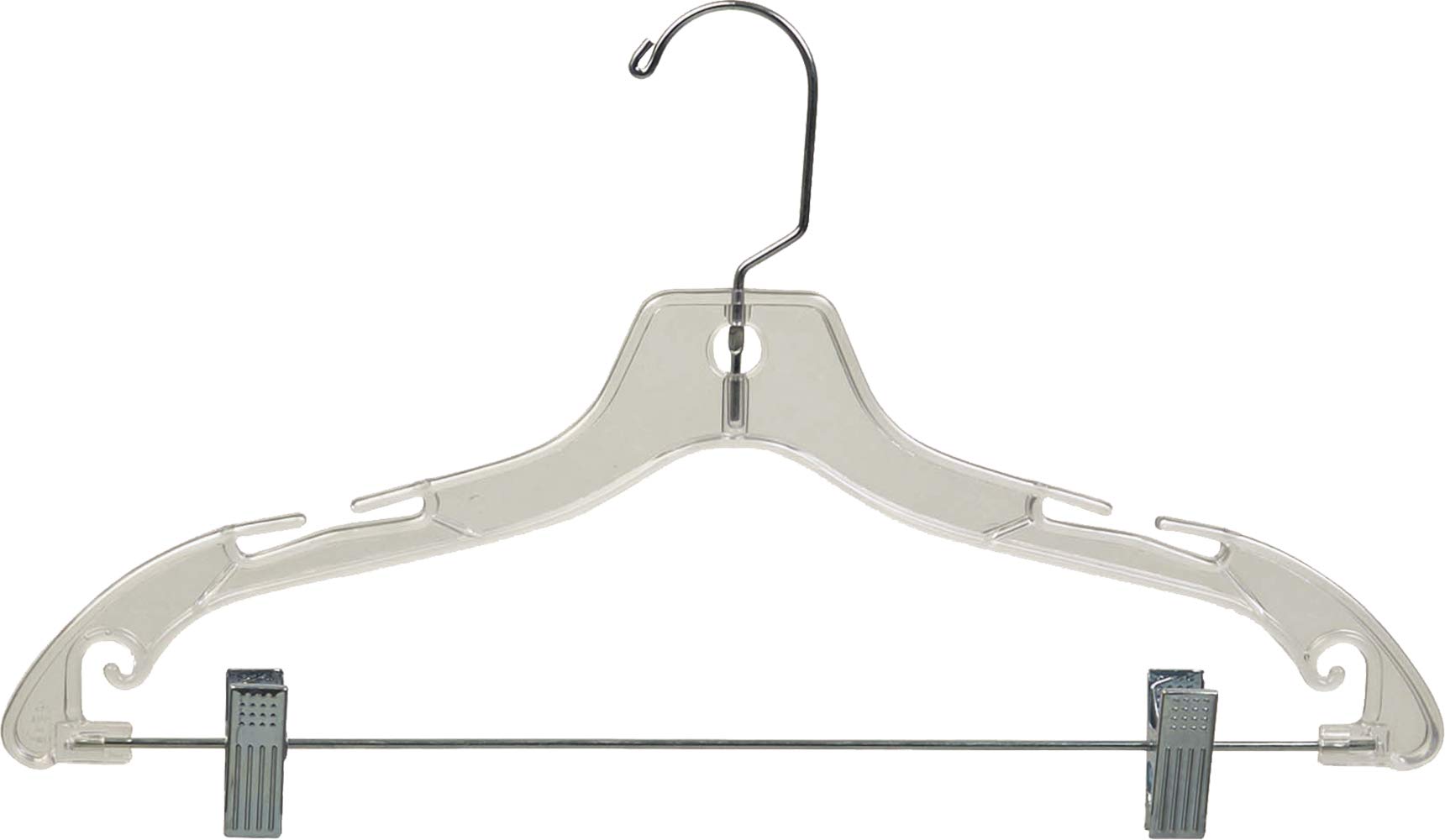 Clear Plastic Junior Combo Hanger with Adjustable Cushion Clips - Box of 100 Flat 14 Inch Space Saving Hangers with Notches & 360° Chrome Swivel Hook by The Great American Hanger Company - Perfect for Kids' Closets, Dorm Rooms & Travel Organization