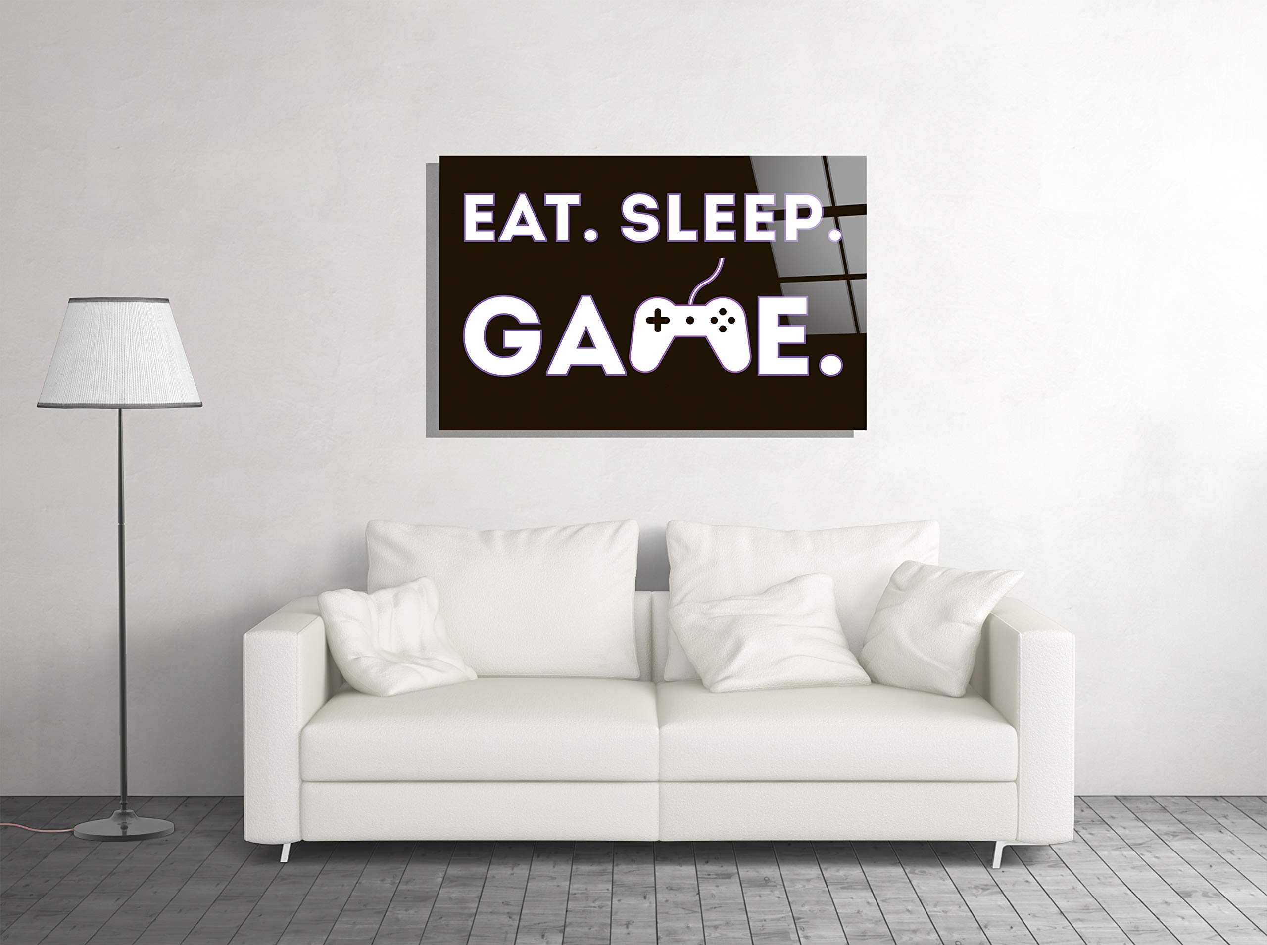 Eat Sleep Game Tempered Glass Wall Art - Modern Home & Office Decor - 24x36 Inches - Perfect for Gamer Gifts, Living Room Decor, Bedroom Wall Art & Hotel Decor