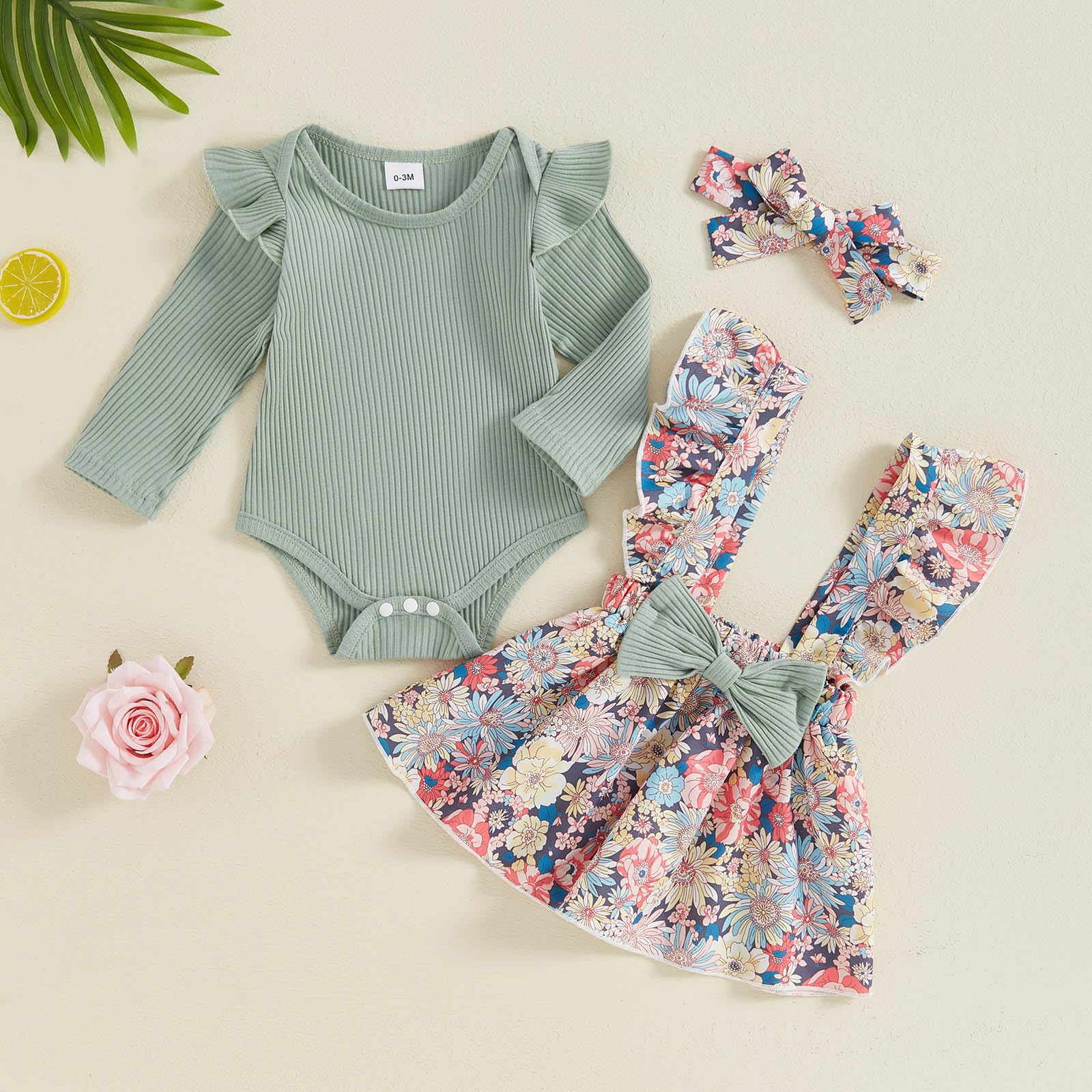 Newborn Baby Girl Outfit Set - Soft Long Sleeve Ribbed Romper + Adorable Bow Suspender Skirt + Matching Headband | Cozy Winter & Fall Infant Clothes | Perfect for Photoshoots, Holidays & Special Occasions