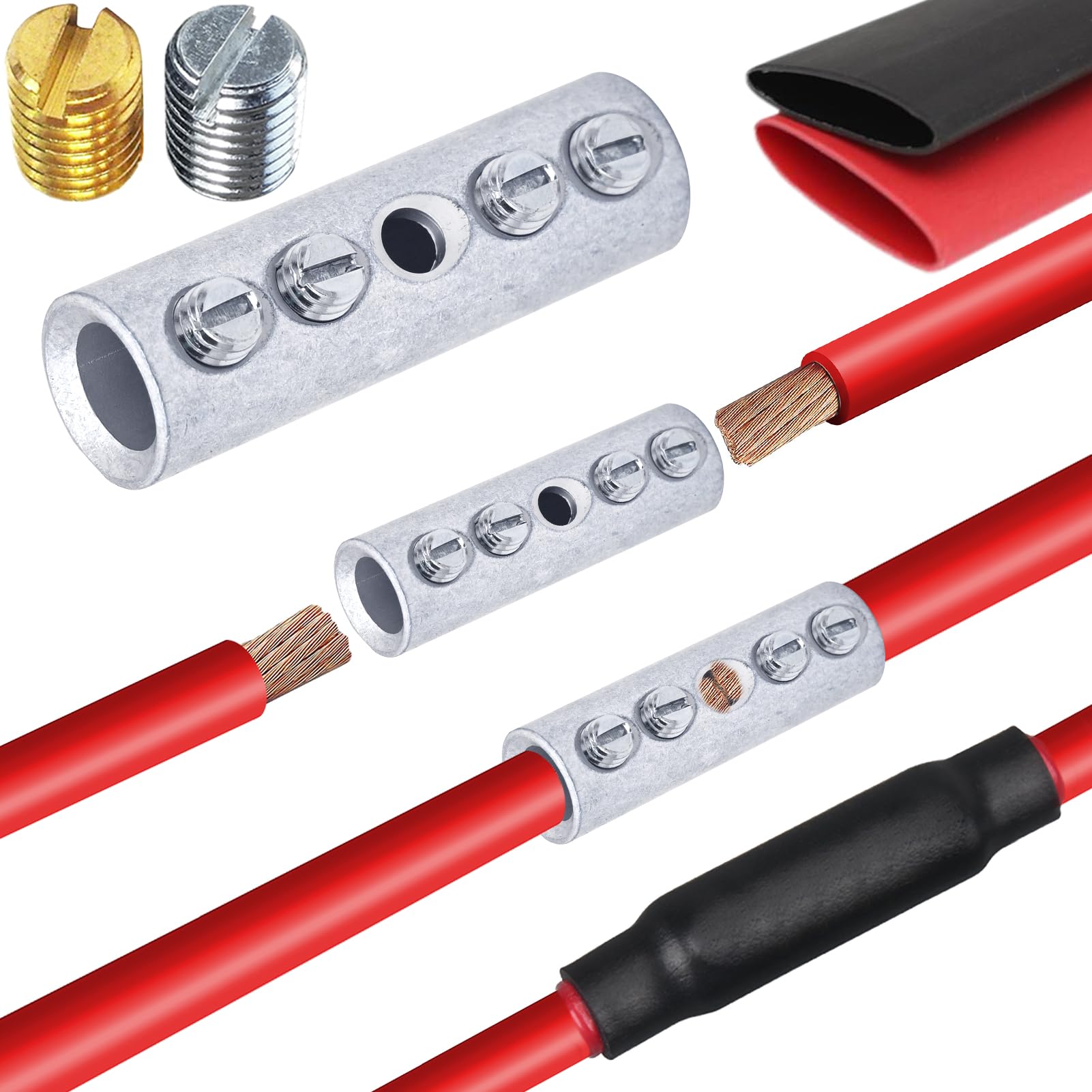 0 Gauge Wire Butt Connectors 4 PCS - Tinned Brass 1/0 AWG Screw Type Splice Connectors Kit with Heat Shrink Tubing for Quick Wiring - Perfect for Automotive, Marine & Electrical Repairs