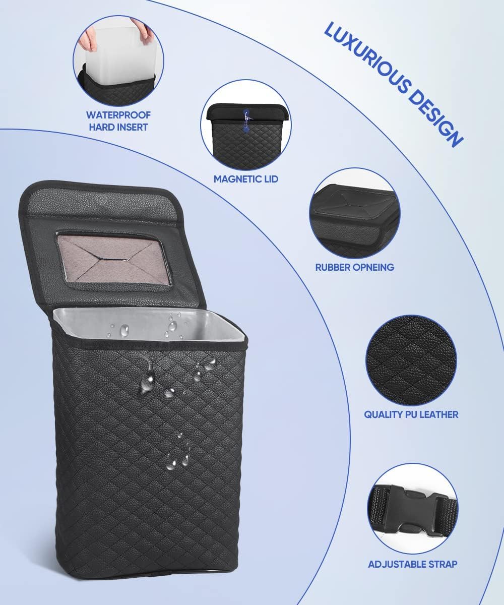 Tsumbay 2 Gallon Car Trash Can with Lid - Leakproof PU Leather Auto Garbage Bin with Removable Waterproof Liner | Hanging Vehicle Waste Container for SUV, Truck, Travel & Camping | Perfect for Road Trips, Commuting & Outdoor Adventures