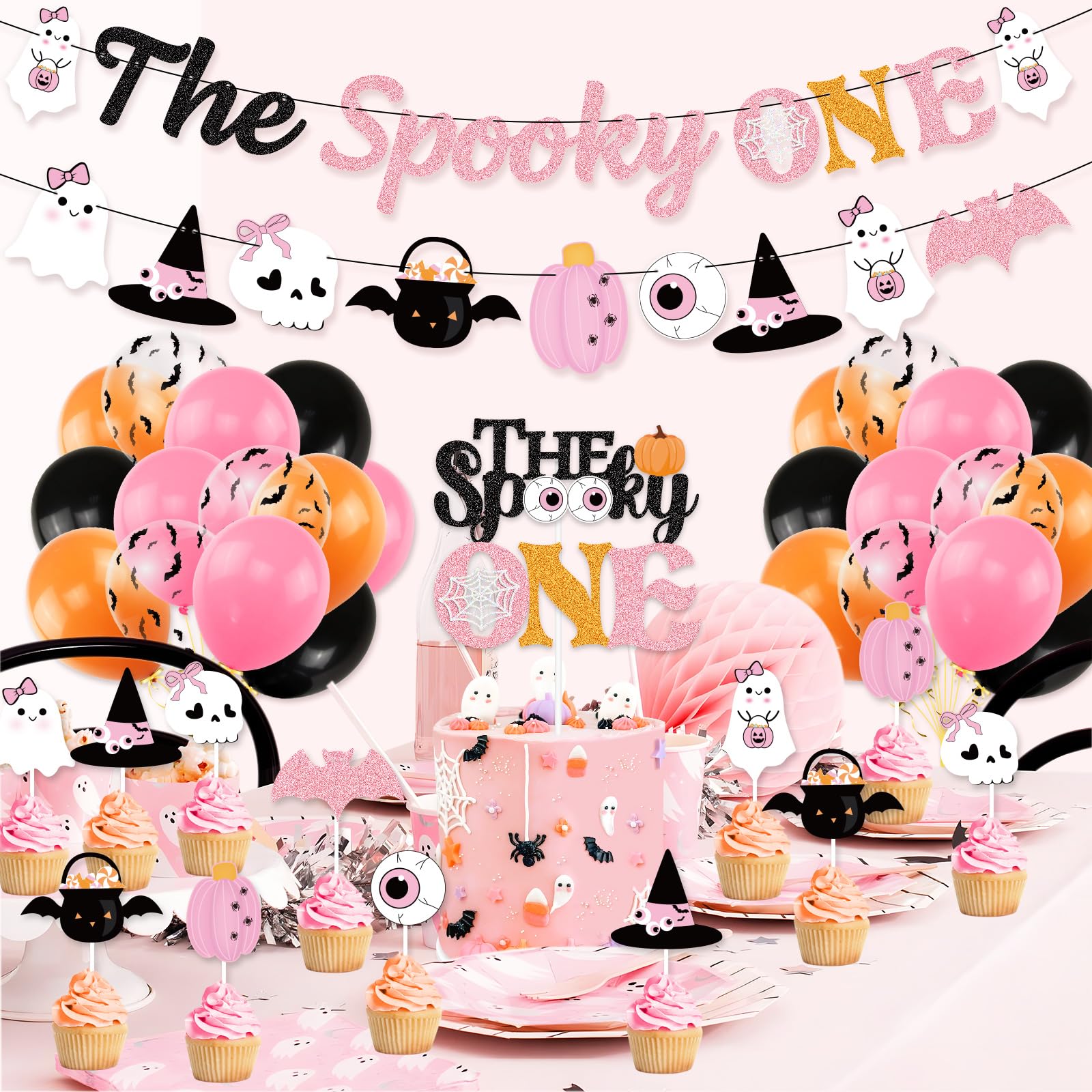 K KUMEED Pink Halloween 1st Birthday Party Decorations Set - Spooky One Banner, Cute Ghost Cake Topper, Eyeball & Pumpkin Decor, Latex Balloons - Perfect for Girls' Halloween Birthday Party & Baby Shower Decorations