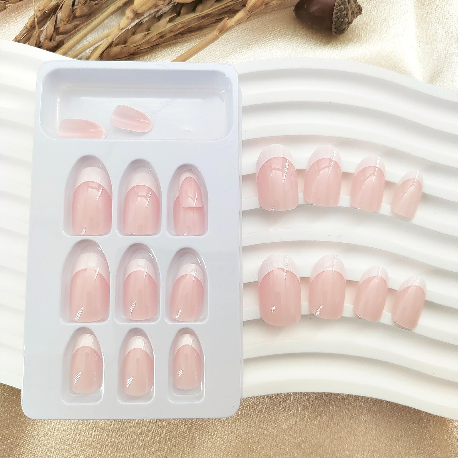 White French Tip Press On Nails - 24Pcs Short Oval Fake Nails with Glue, Light Pink Full Cover Acrylic False Nails for Women | Easy to Apply, Natural Look for Daily Wear, Perfect for Office, Parties & Special Occasions