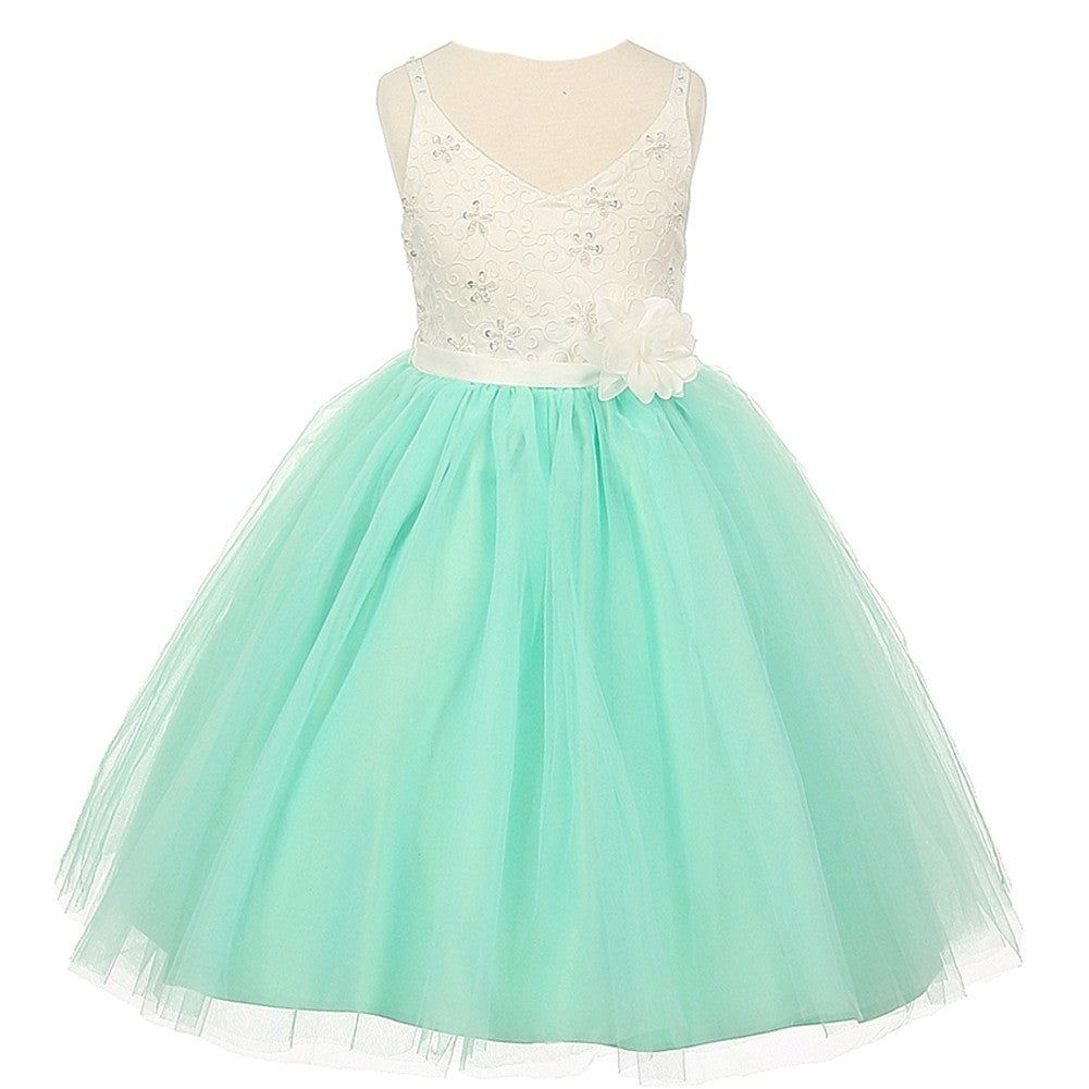 Elegant Mint Ivory Beaded Lace V-Neck Party Dress for Girls Size 8-12 - Perfect for Weddings, Prom, and Special Occasions