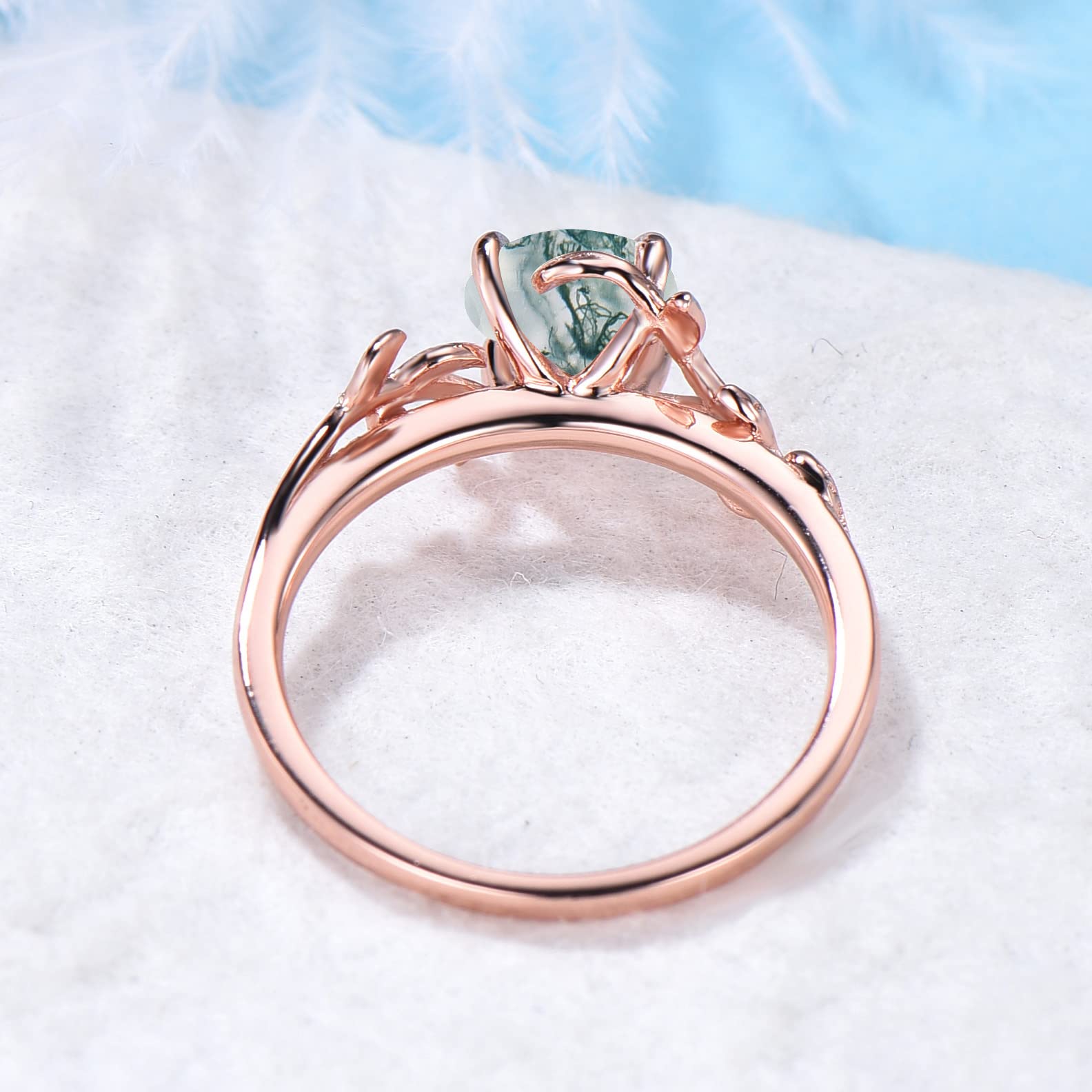 Natural Moss Agate Leaf Engagement Ring for Women - Healing Gemstone Vintage Handmade Jewelry - Perfect for Weddings, Anniversaries & Spiritual Healing