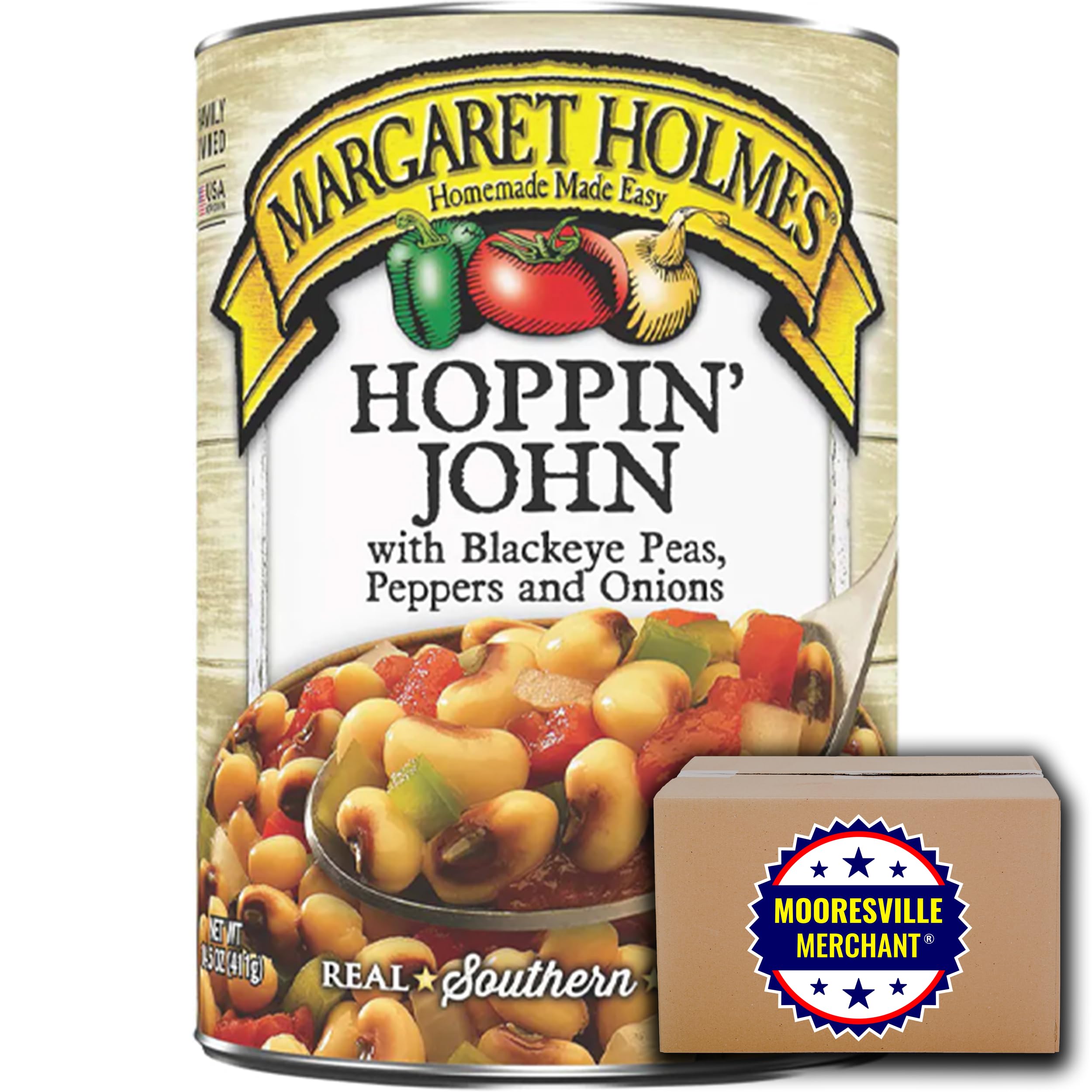 Margaret Holmes Canned Hoppin' John with Blackeye Peas, Tomatoes, Onions & Peppers - 14.5 oz (4-Pack) | Southern Style Ready-to-Eat Meal | Perfect for Quick Dinners, Camping & Emergency Food Storage