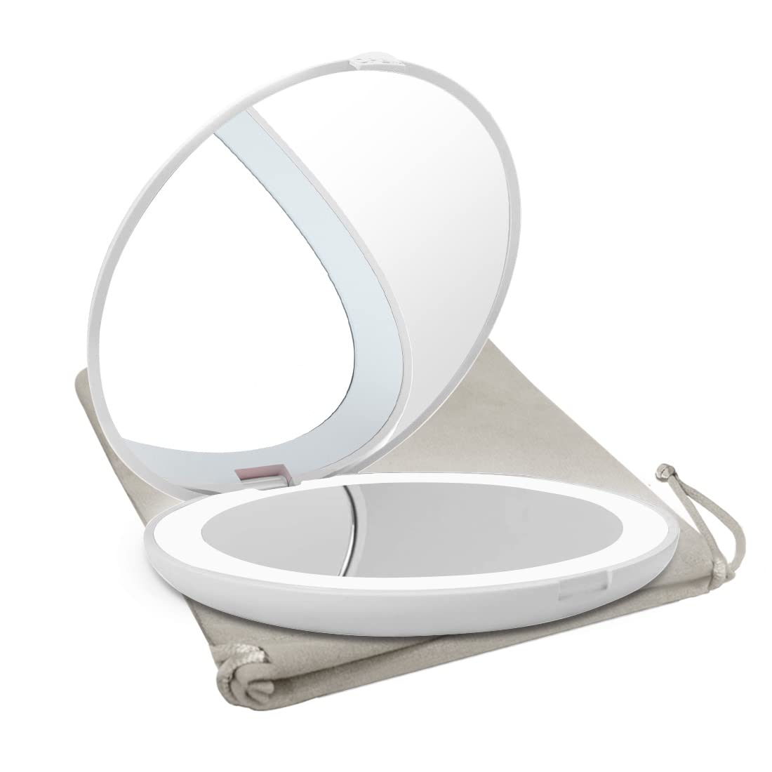 LED Travel Mirror with Light - 1x/10x Magnification, 2-Sided Illuminated Folding Round Compact Mirror for Makeup, Shaving & Travel (Portable, Handheld, White) - Perfect for Home, Office, Gym Bag & On-the-Go Touch Ups