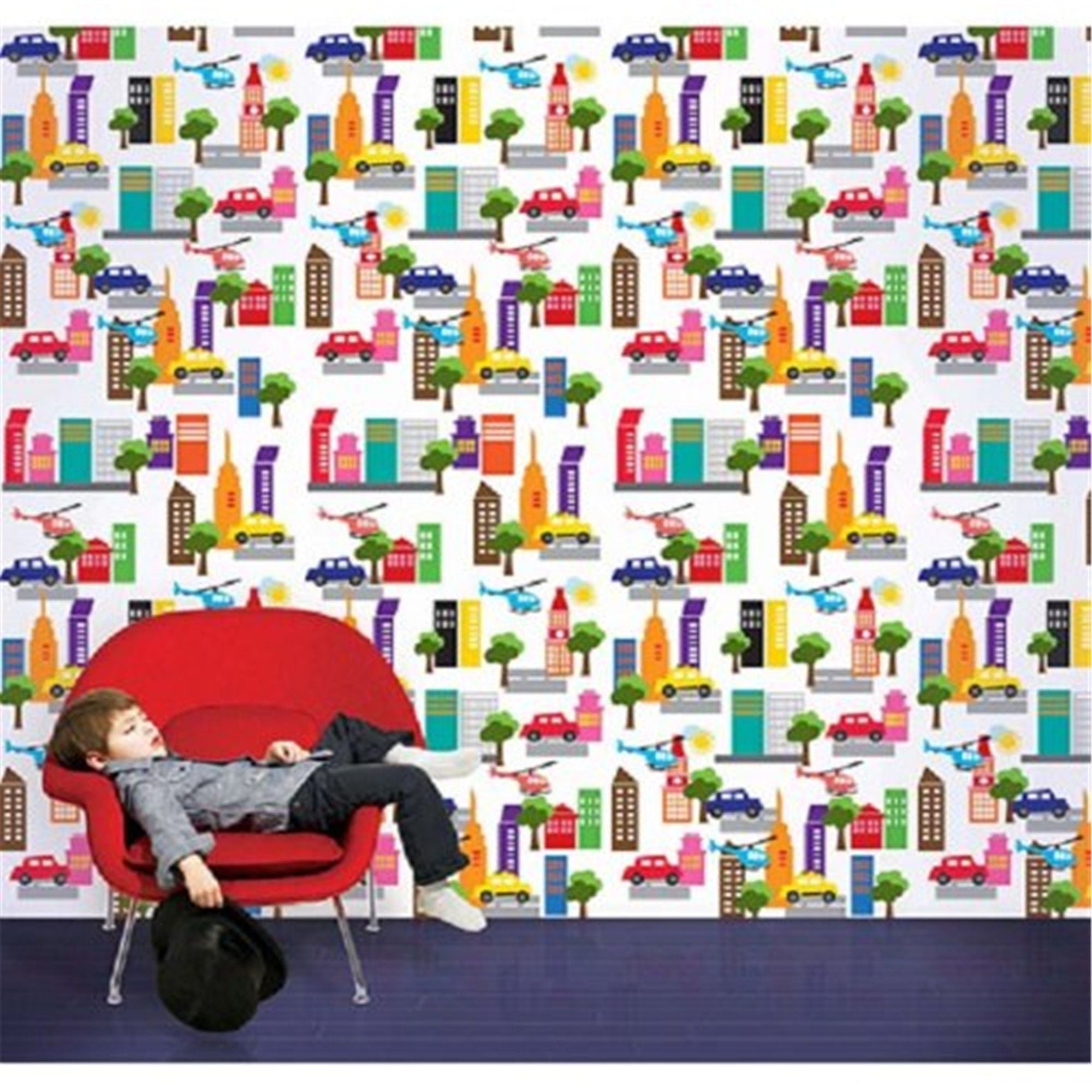 French Bulldog Cityscape Wallpaper Full Kit - Peel and Stick Removable Wallpaper for Nursery, Living Room, Bedroom Decor - Easy to Install & Remove