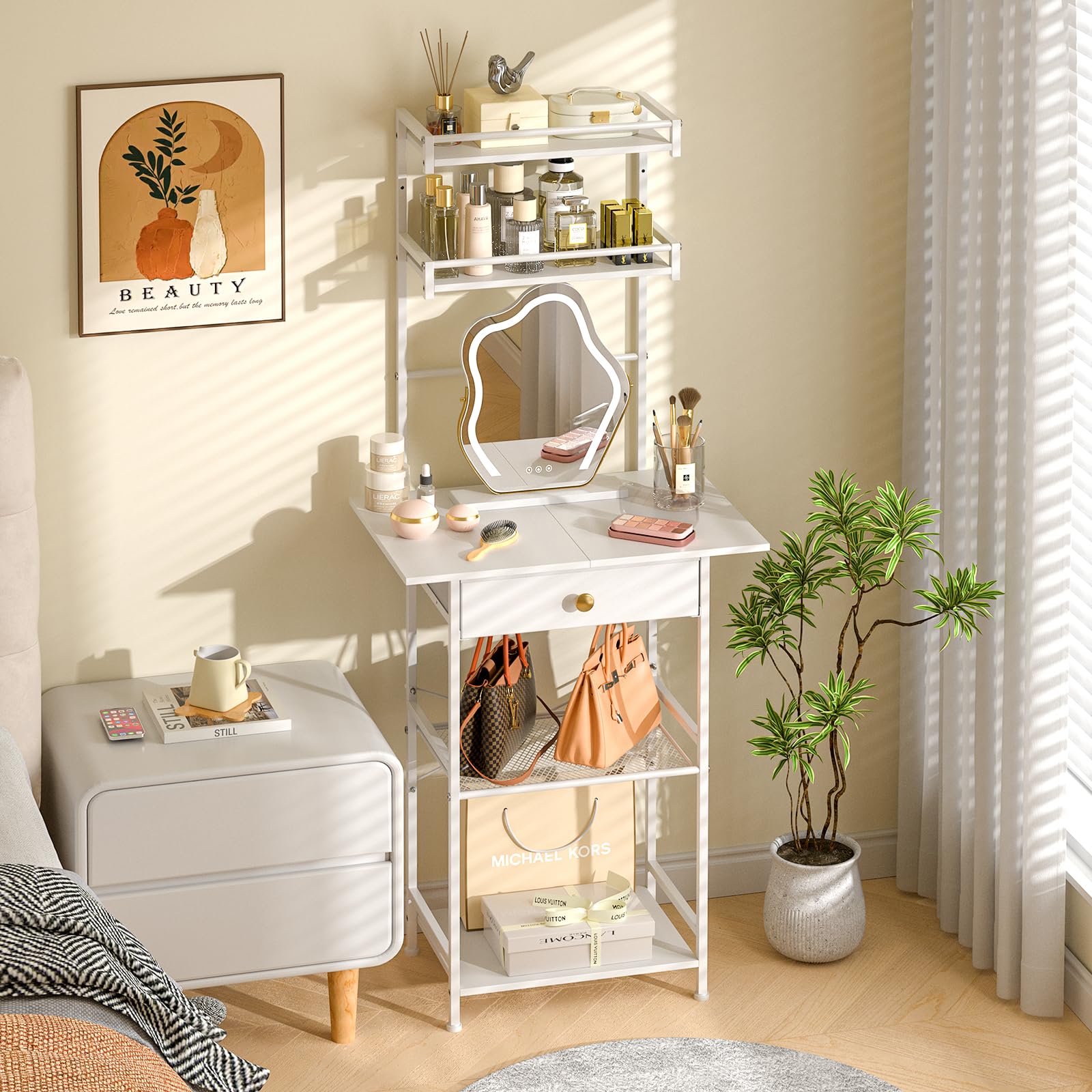 Compact White Makeup Vanity Table with Fabric Drawers - 23.6