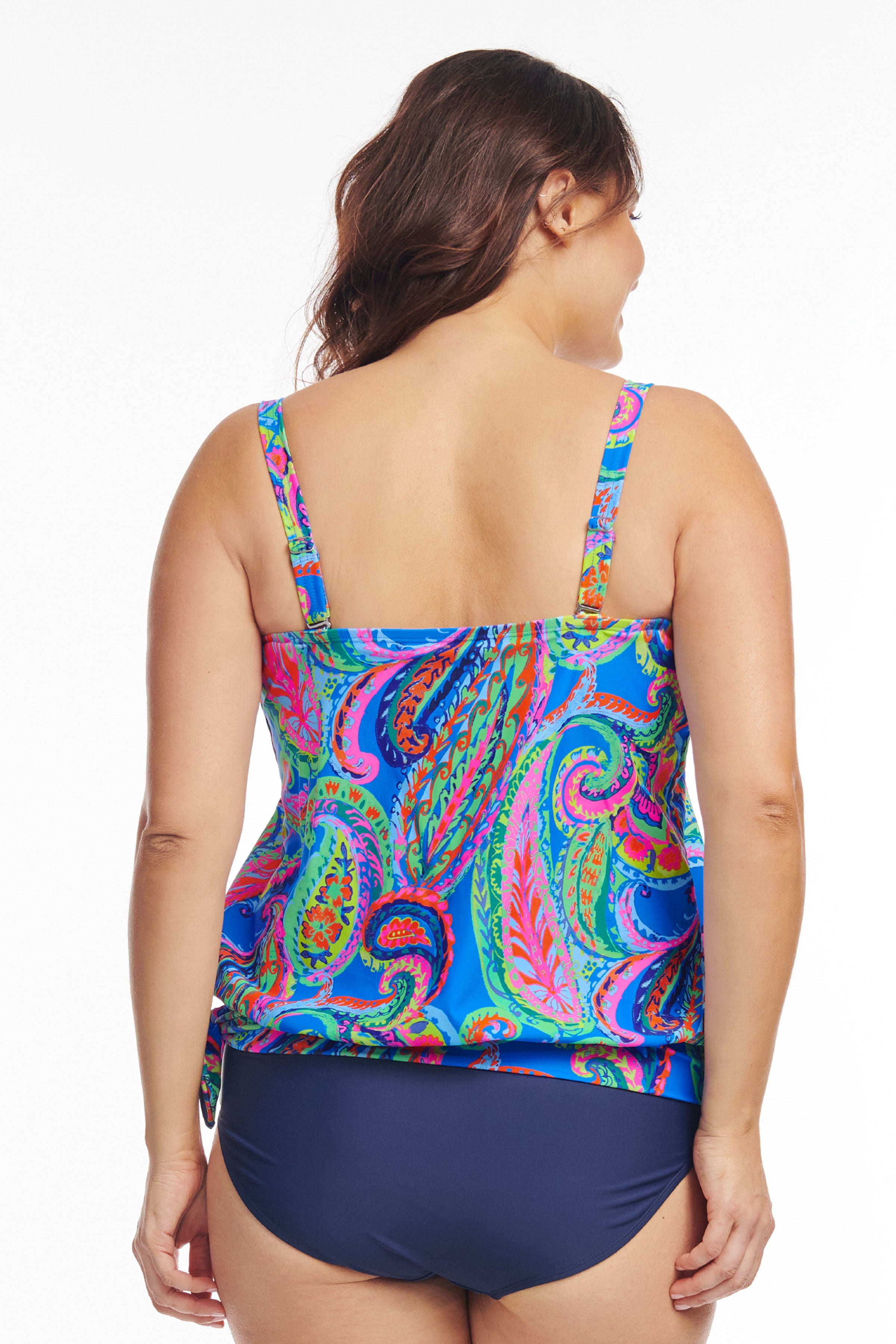 Plus Size Draped Blouson Tankini Top - French Paisley Blue Swimwear for Women | Beach Vacation & Pool Party Outfit