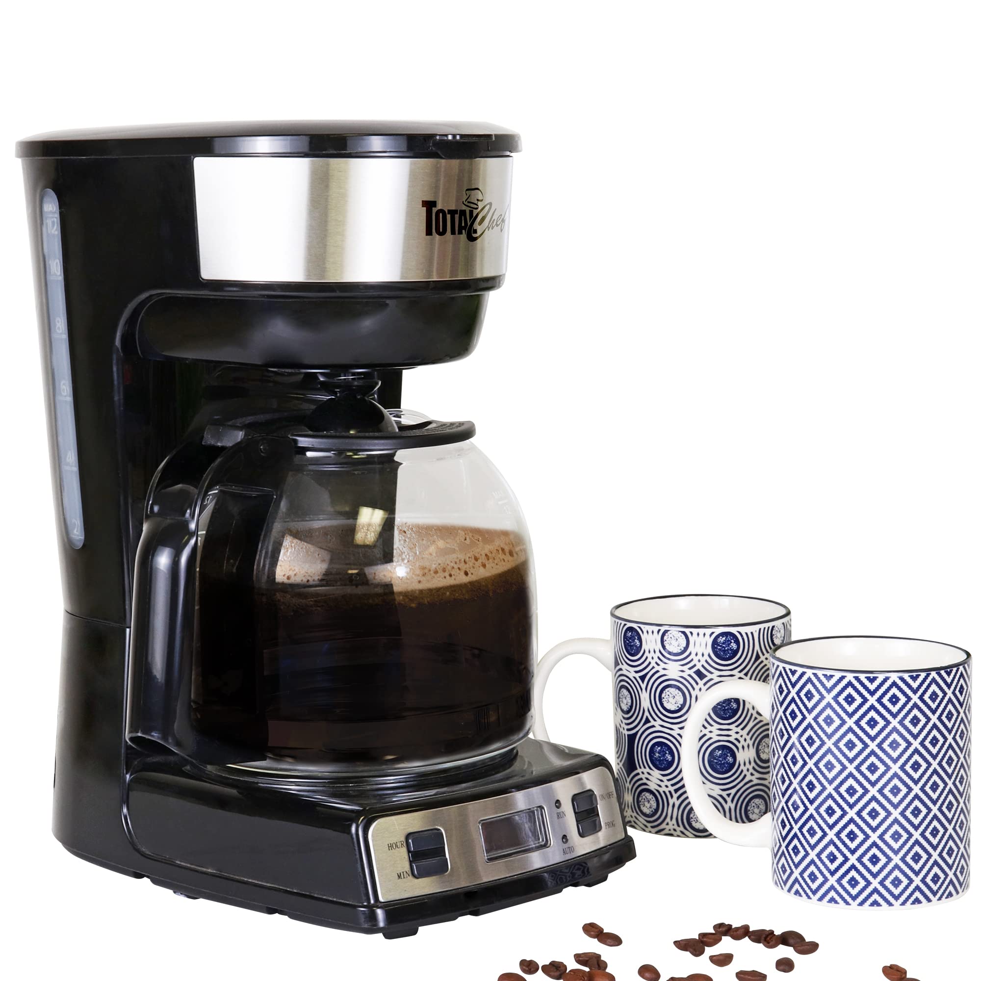 Koolatron Total Chef 12 Cup Programmable Drip Coffee Maker with Glass Carafe & Reusable Filter - Black & Silver - Perfect for Home, Office, and RV Use