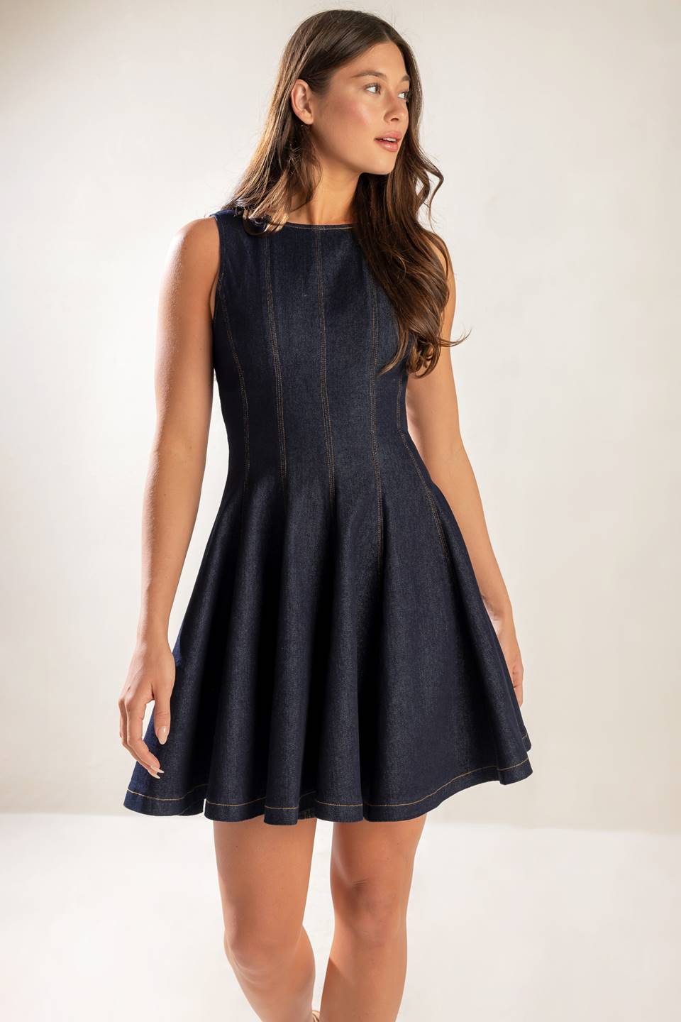 Classic Dark Denim Mini Dress for Women - Vintage Inspired Stretch Denim Skater Dress - Perfect for Casual Outings, Date Nights & Summer Parties