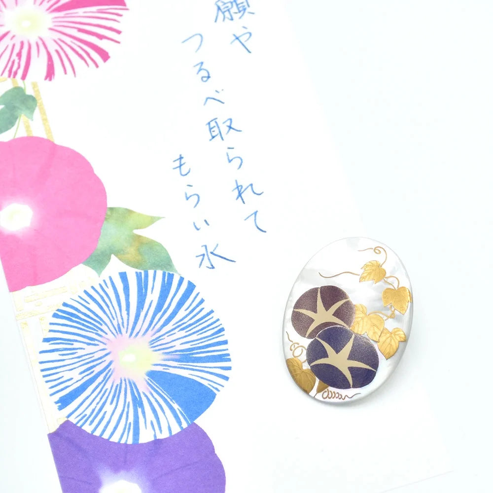 Handcrafted Maki-e Urushi Lacquer Brooch with White South Sea Pearl Shell - Japanese Morning Glory Floral Design in Blue - Traditional Artisan Jewelry for Women - Perfect for Weddings, Tea Ceremonies & Special Occasions