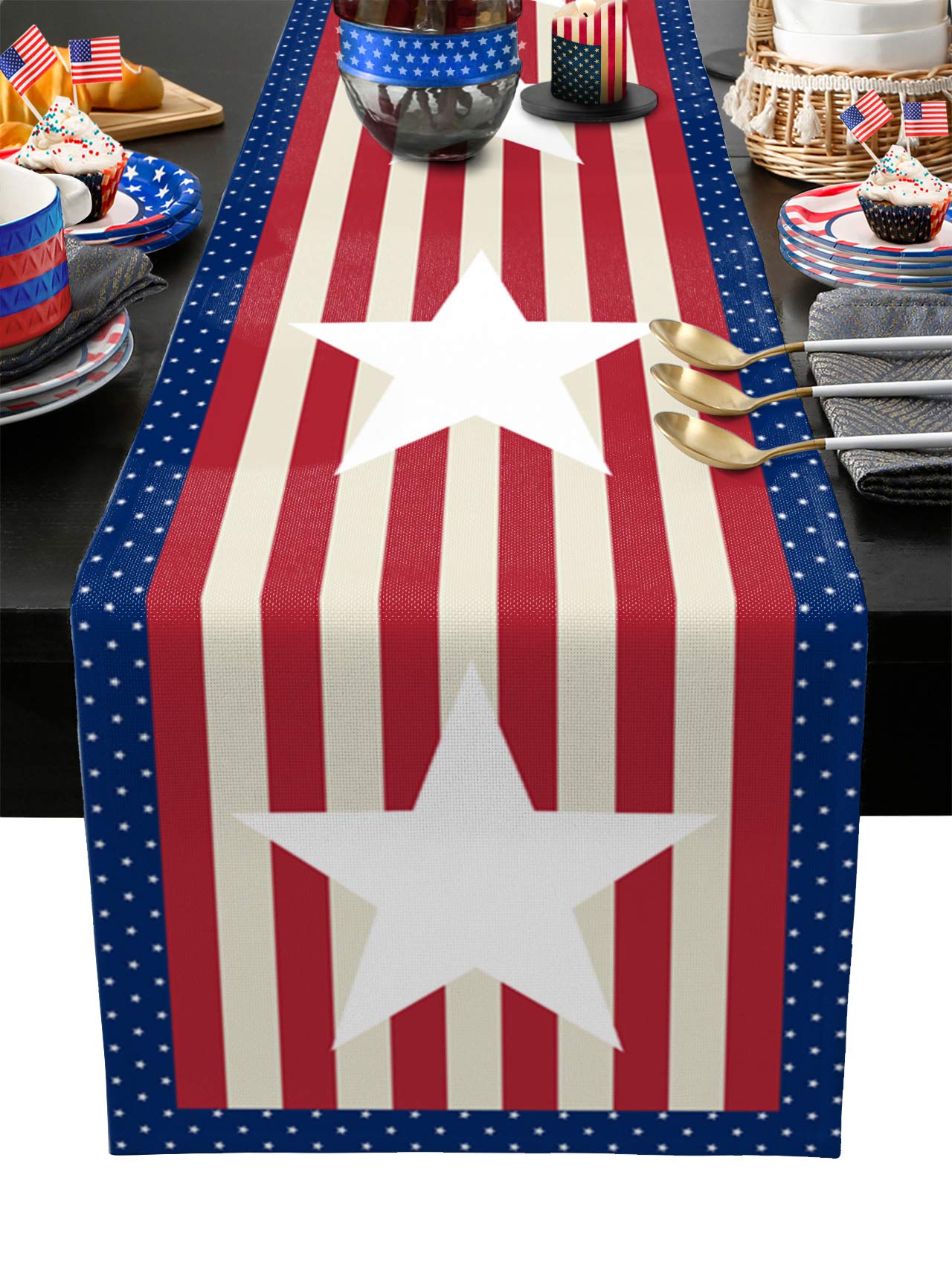 4th of July Patriotic Table Runner - 13x70 Inch USA Flag Stripes Stars Design for Dining Table, Farmhouse Kitchen Decor, Holiday Dinner Party Decoration | Perfect for Independence Day Celebrations, BBQ Gatherings & Festive Home Decor