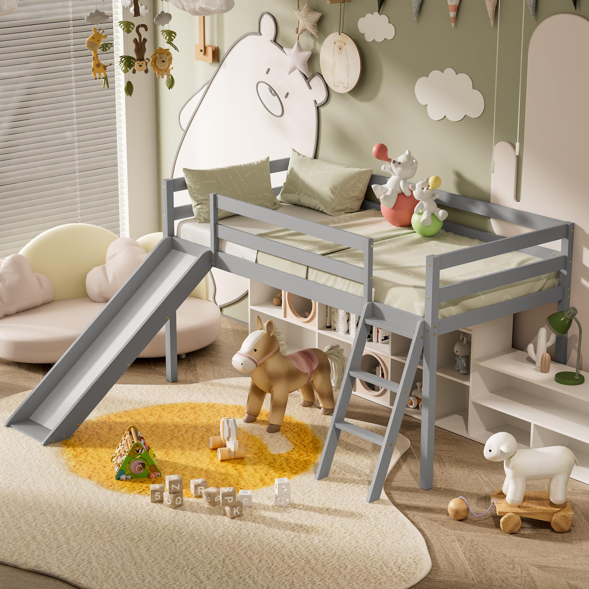 Low Loft Bed with Slide - Wood Twin Loft Bed Frame with Climbing Ladder & Storage Space for Kids & Toddlers (Grey) | Perfect for Small Bedrooms, Playrooms & Dorm Rooms | Space-Saving Kids Furniture with Fun Slide Feature