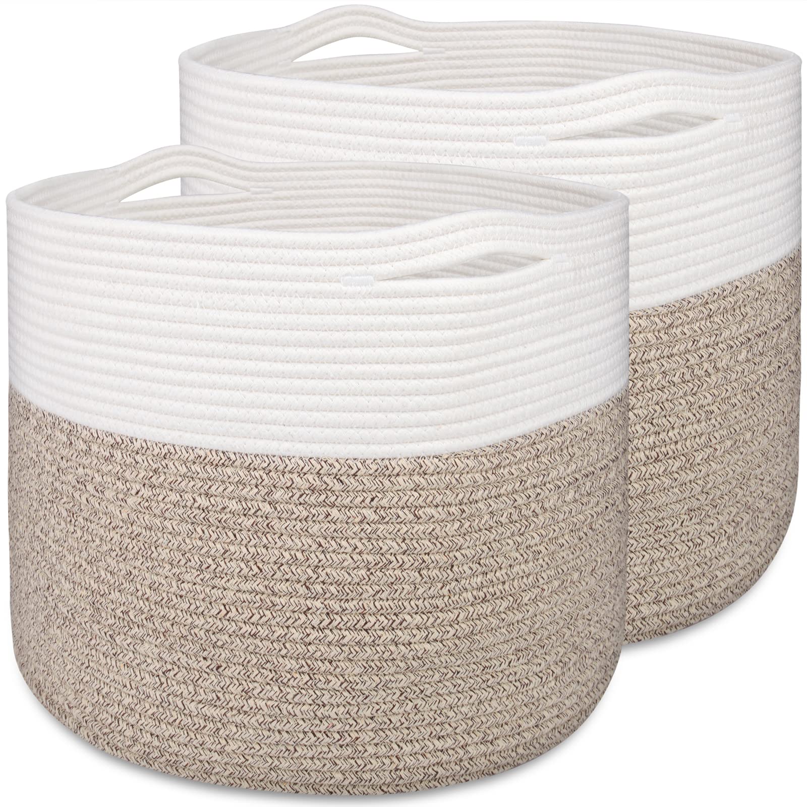MicroIdeas 2-Pack Large Woven Storage Baskets 15.8x13.8 Inch - Cotton Rope Round Wicker Bins for Blankets, Toys, Laundry & Home Decor | Perfect for Nursery, Living Room & Bedroom Organization (White & Brown)