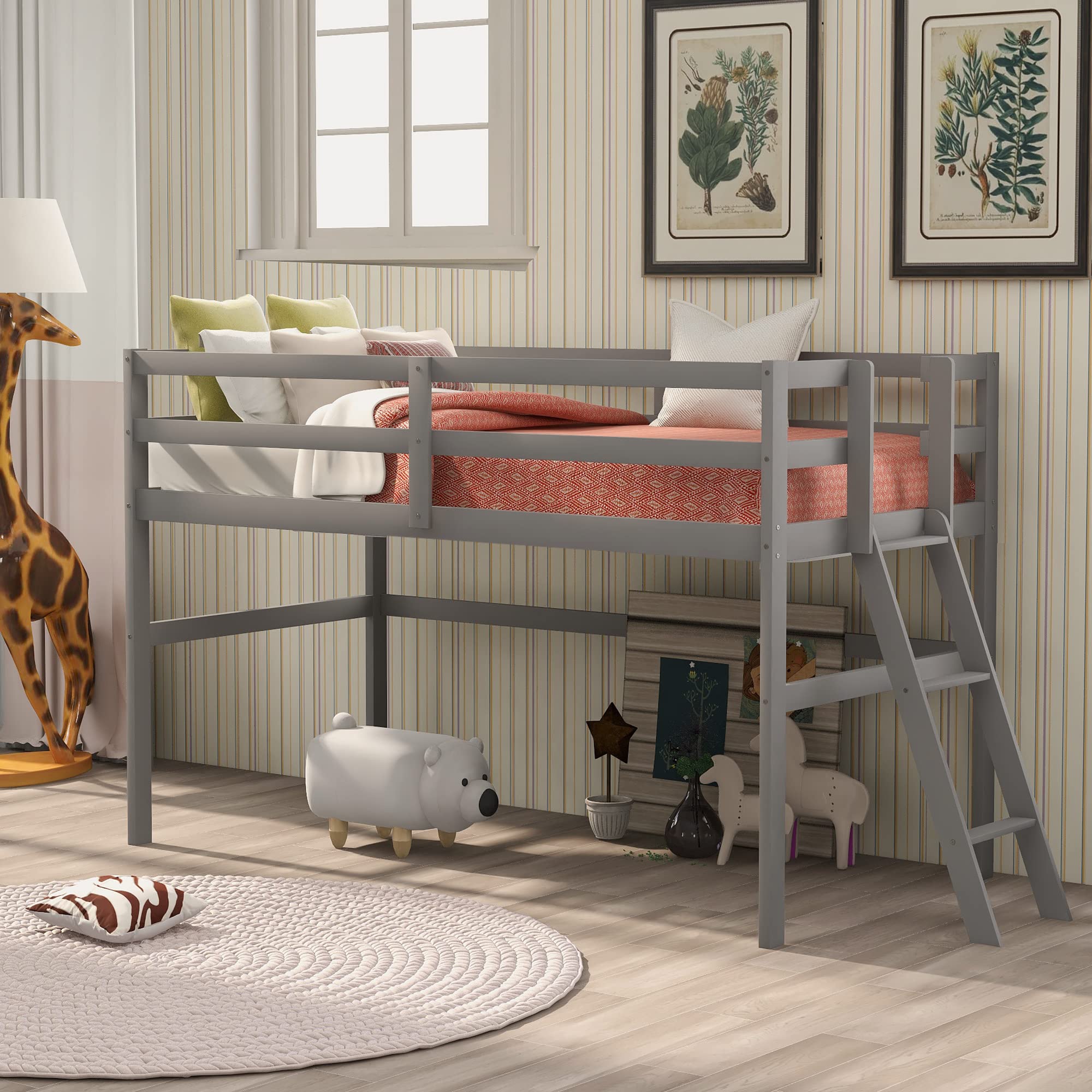 Modern Twin Loft Bed Frame with Ladder - Space-Saving Junior Low Loft Bed for Boys, Girls & Teens - Sturdy Metal Construction, Easy Assembly (Grey) - Perfect for Small Bedrooms, Dorms & Kids' Rooms