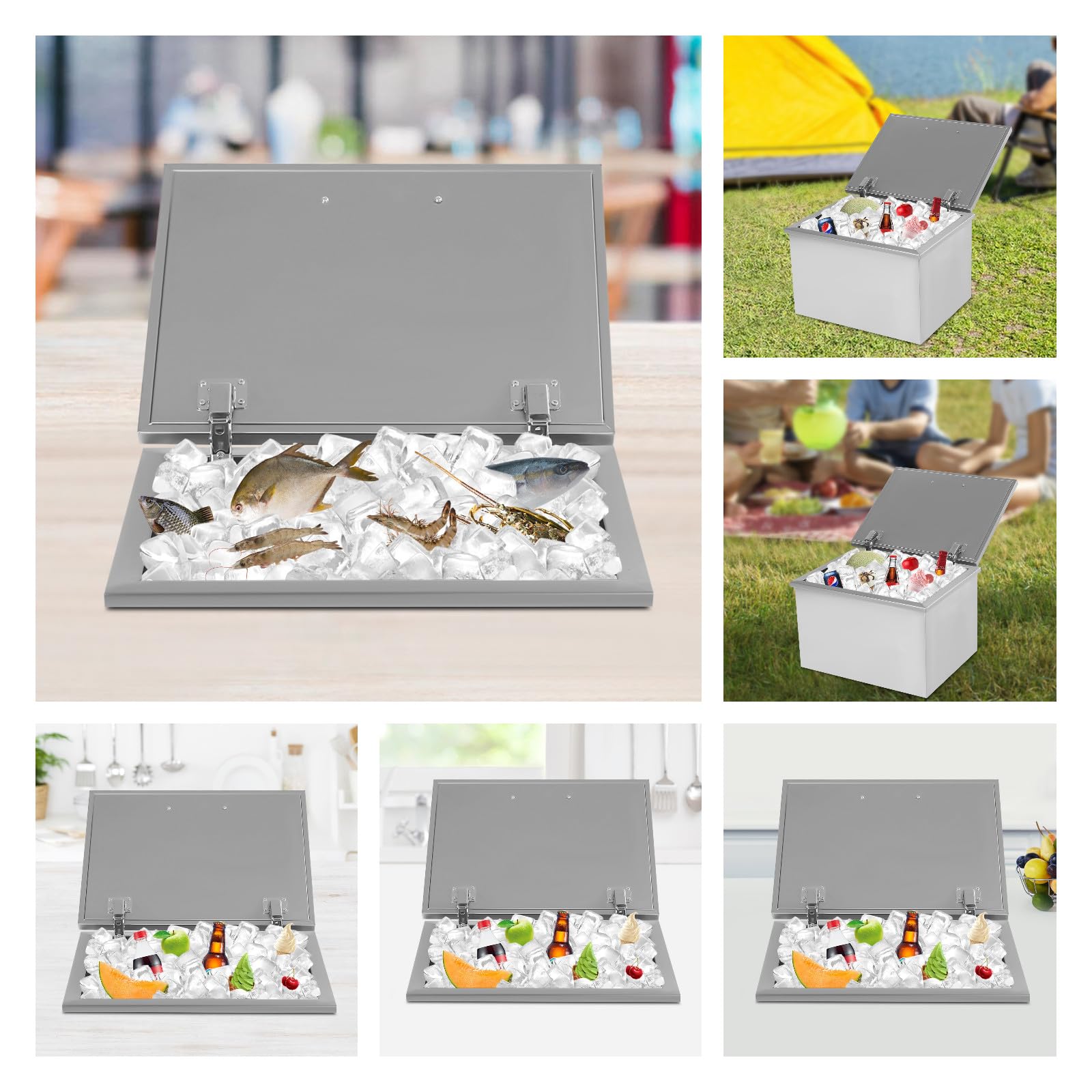 50L/52.8Qt Stainless Steel Ice Chest Cooler with Hinged Cover & Drain Plug - Outdoor Kitchen, Bar, Party, Camping - Perfect for Chilling Wine, Beer & Beverages (20