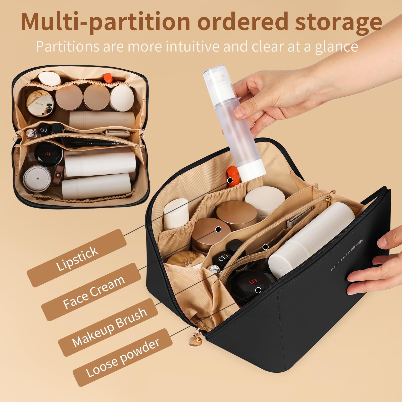 Waterproof PU Leather Travel Makeup Bag for Women - Large Capacity Cosmetic Organizer with Dividers & Handle, Wide Open Flat Toiletry Case | Perfect for Air Travel, Gym, Vacation & Daily Use