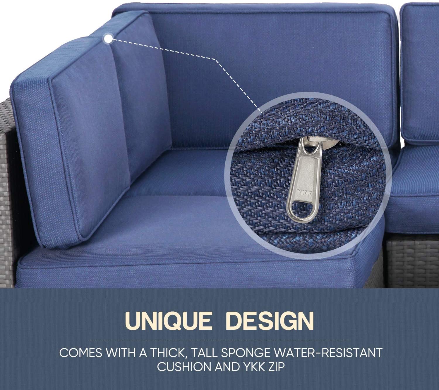 5-Piece All-Weather Outdoor Patio Furniture Set - Grey Wicker Sectional Sofa with Dark Blue Cushions & Glass Coffee Table - Perfect for Backyard, Garden, Poolside or Deck Relaxation