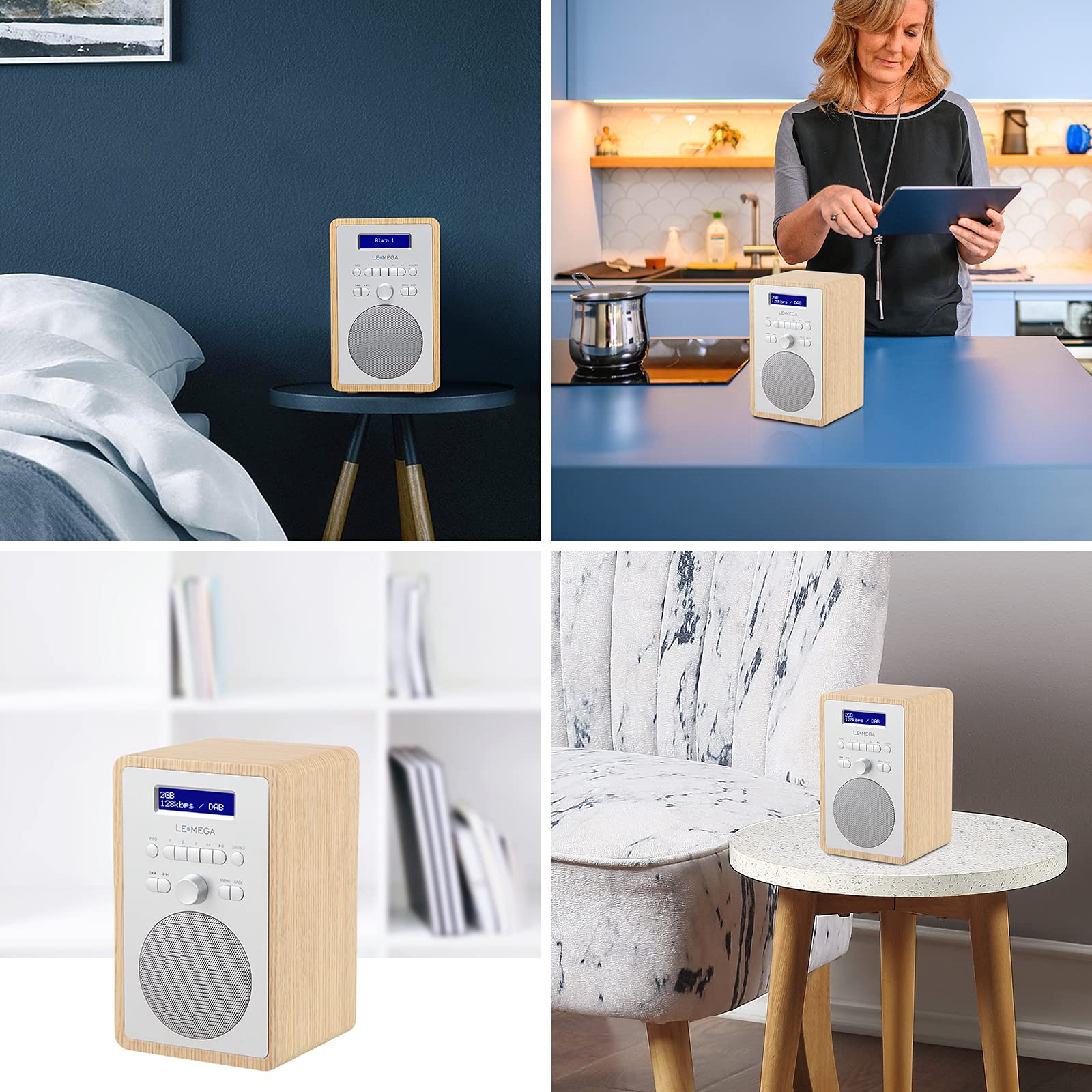LEMEGA CR2+ DAB/DAB+ Digital Radio with FM, Small Portable DAB Radio with Mains Power, Dual Alarm Clock, Sleep Timer & 20 Preset Stations - White Oak Wood Effect Finish for Kitchen, Bedroom & Office Use