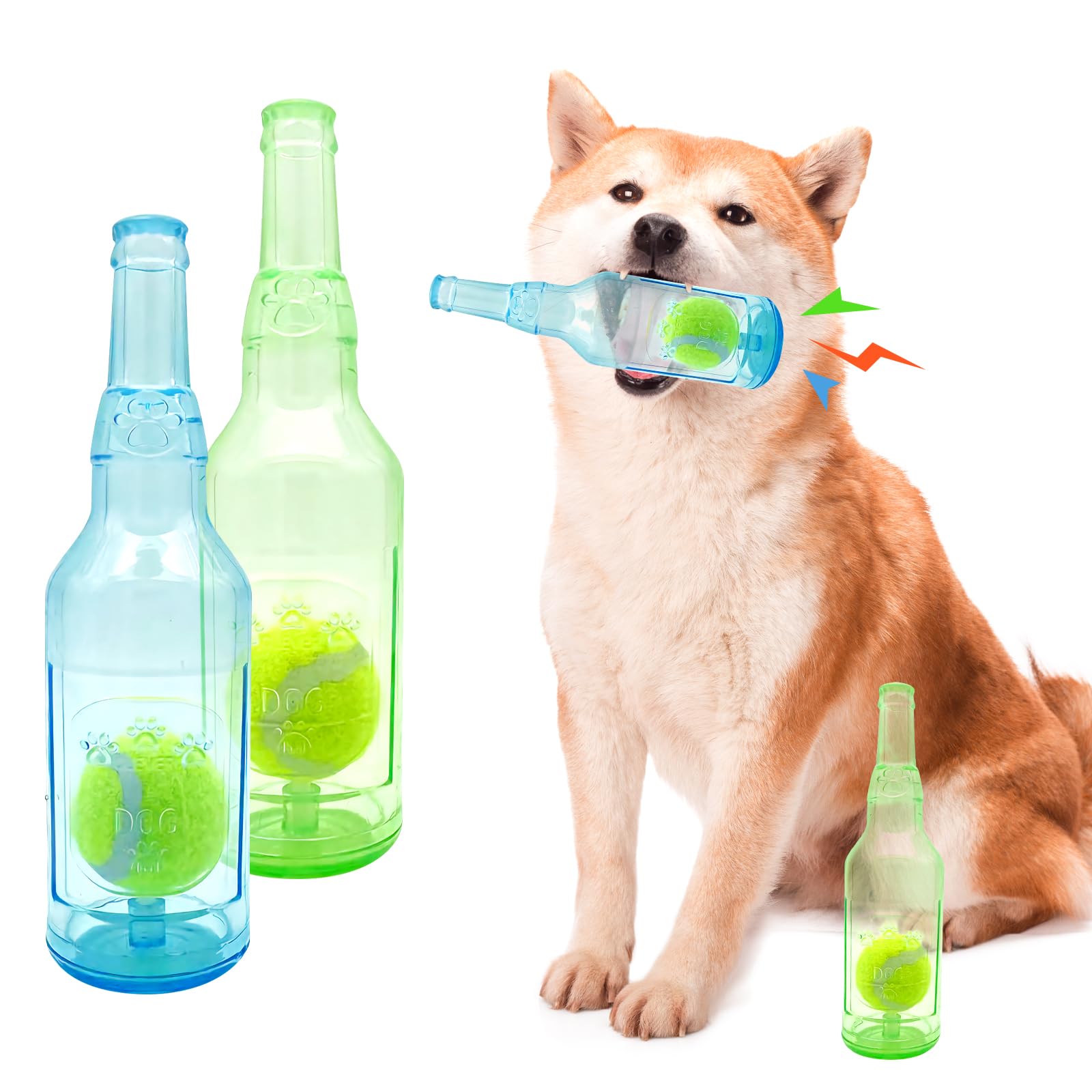Aerbee 2Pcs Squeaky Rubber Water Bottle Dog Toys with Tennis Ball - Interactive Chew Toys for Dental Health, Outdoor Play, and Training (Blue & Green) for Active Dogs