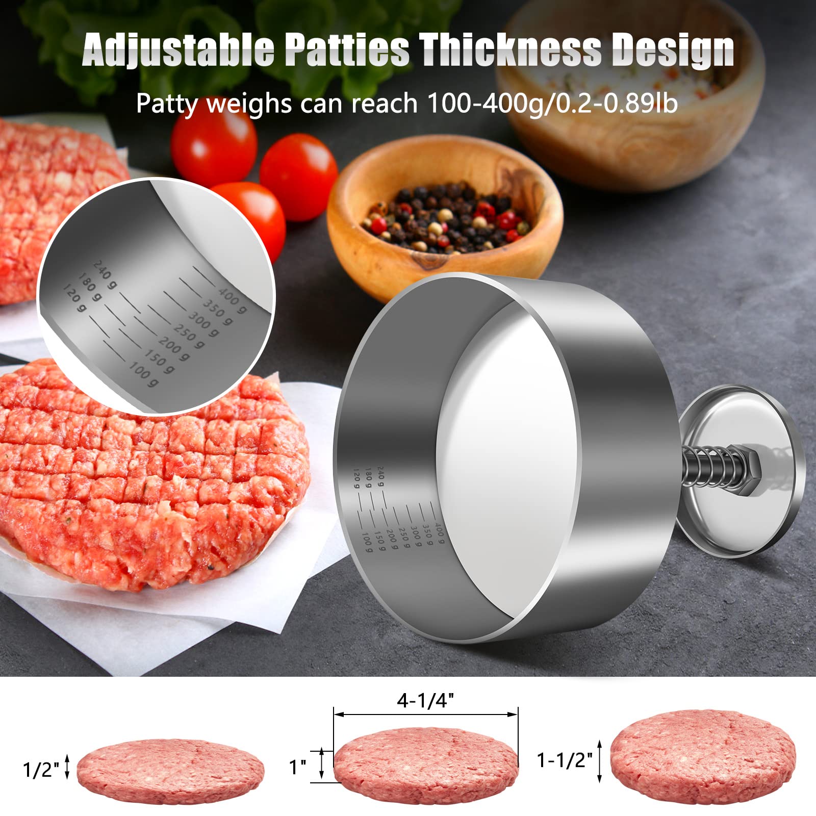 **Stainless Steel Burger Press - Adjustable Hamburger Patty Maker for BBQ & Cooking | 304 Non-Stick & BPA-Free Meat Press for Beef, Burgers & Homemade Hamburgers | Perfect for Grilling, Picnics & Backyard Parties**