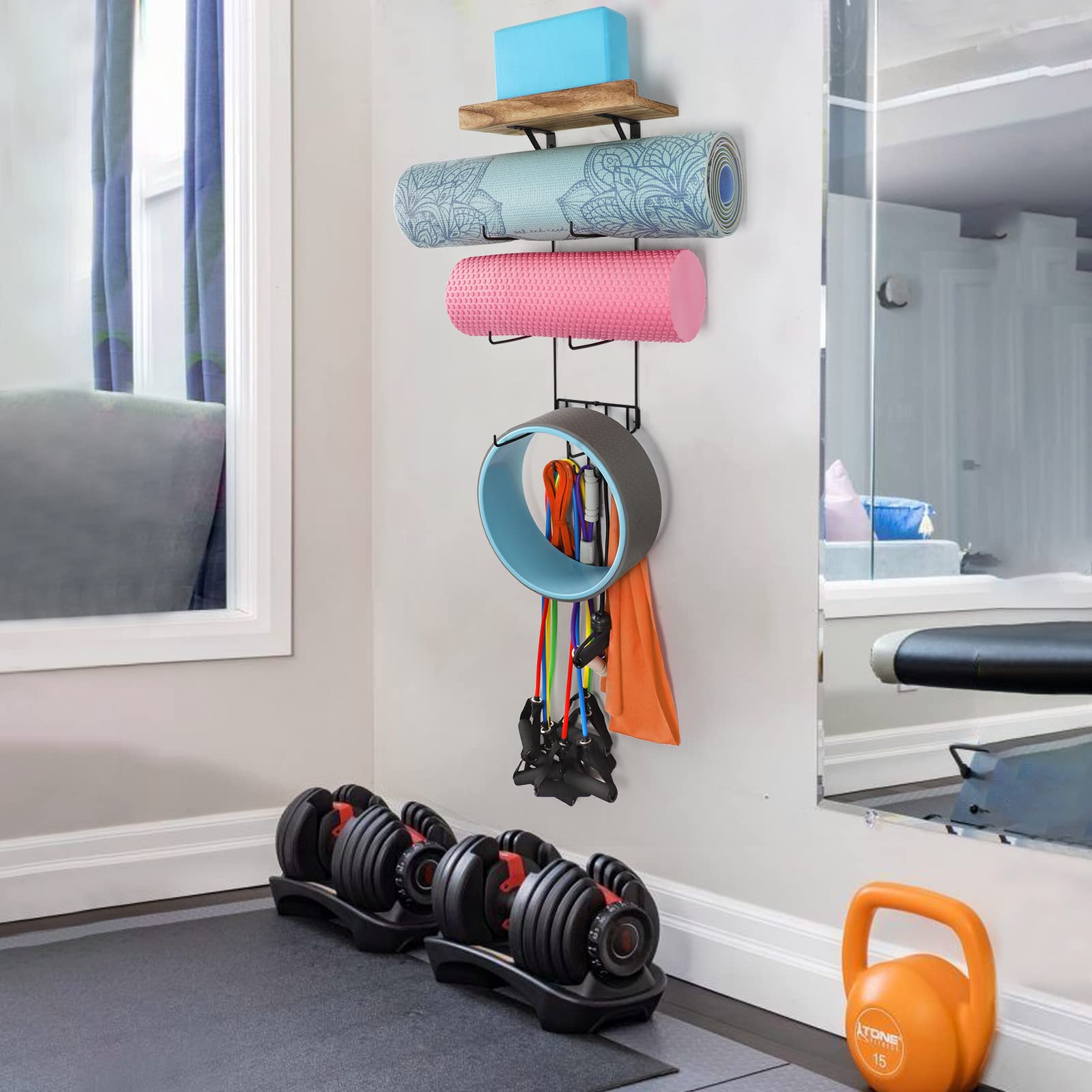 VINAEMO Yoga Mat Holder Wall Mount Organizer - 4 Hooks & Wooden Shelves for Foam Roller, Towel, Resistance Bands Storage - Home Gym, Yoga Studio, Office & School Decor Accessory