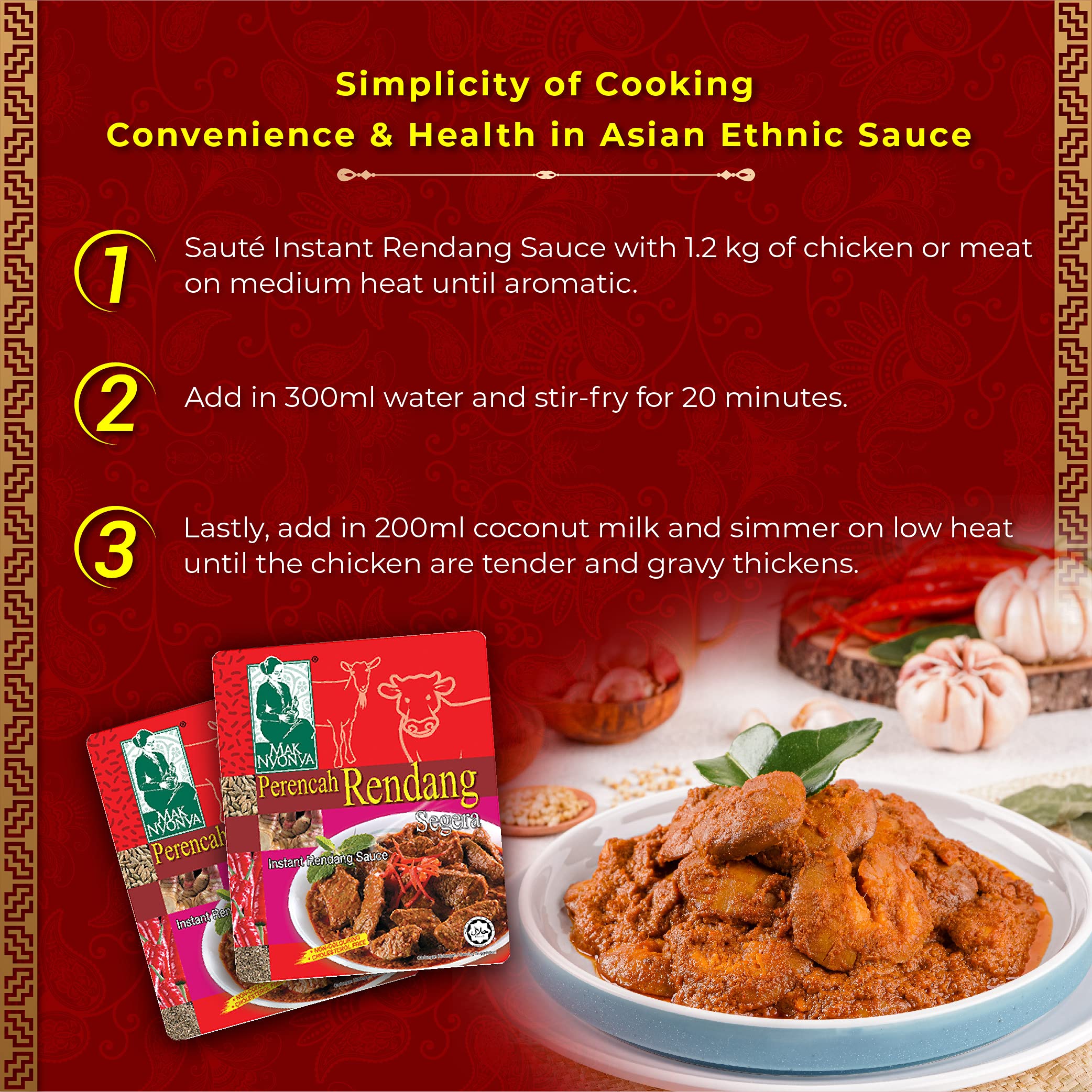 Authentic Mak Nyonya Instant Rendang Sauce - 7oz (200g) Dry Curry Paste for Beef, Chicken, Fish, Seafood & Vegetables | Quick & Easy Malaysian Curry Meal Solution for Busy Weeknights & Family Dinners