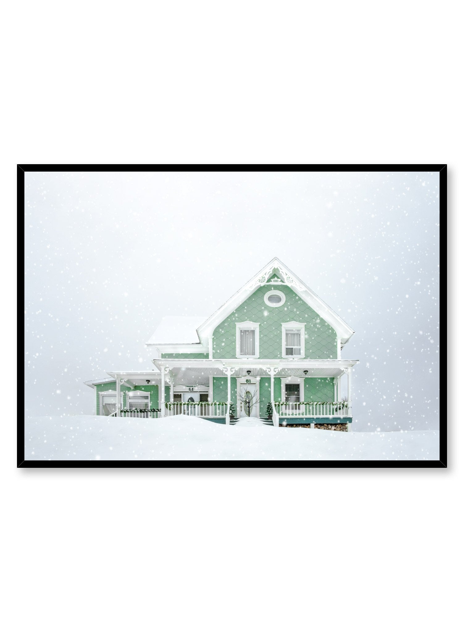 Green Home in Snow Poster - Winter Landscape Wall Art Decor for Living Room, Bedroom & Office - Perfect for Home, Holiday & Seasonal Decoration
