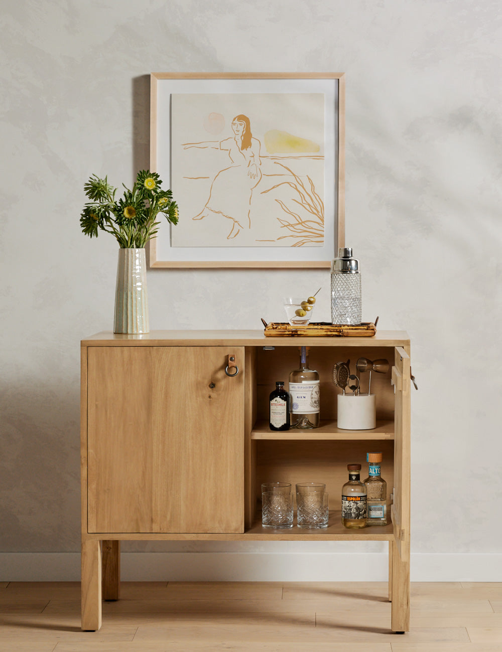 Stylish Beckett Bar Cabinet with Glass Doors & Storage - Perfect for Home Bars, Living Rooms & Entertaining