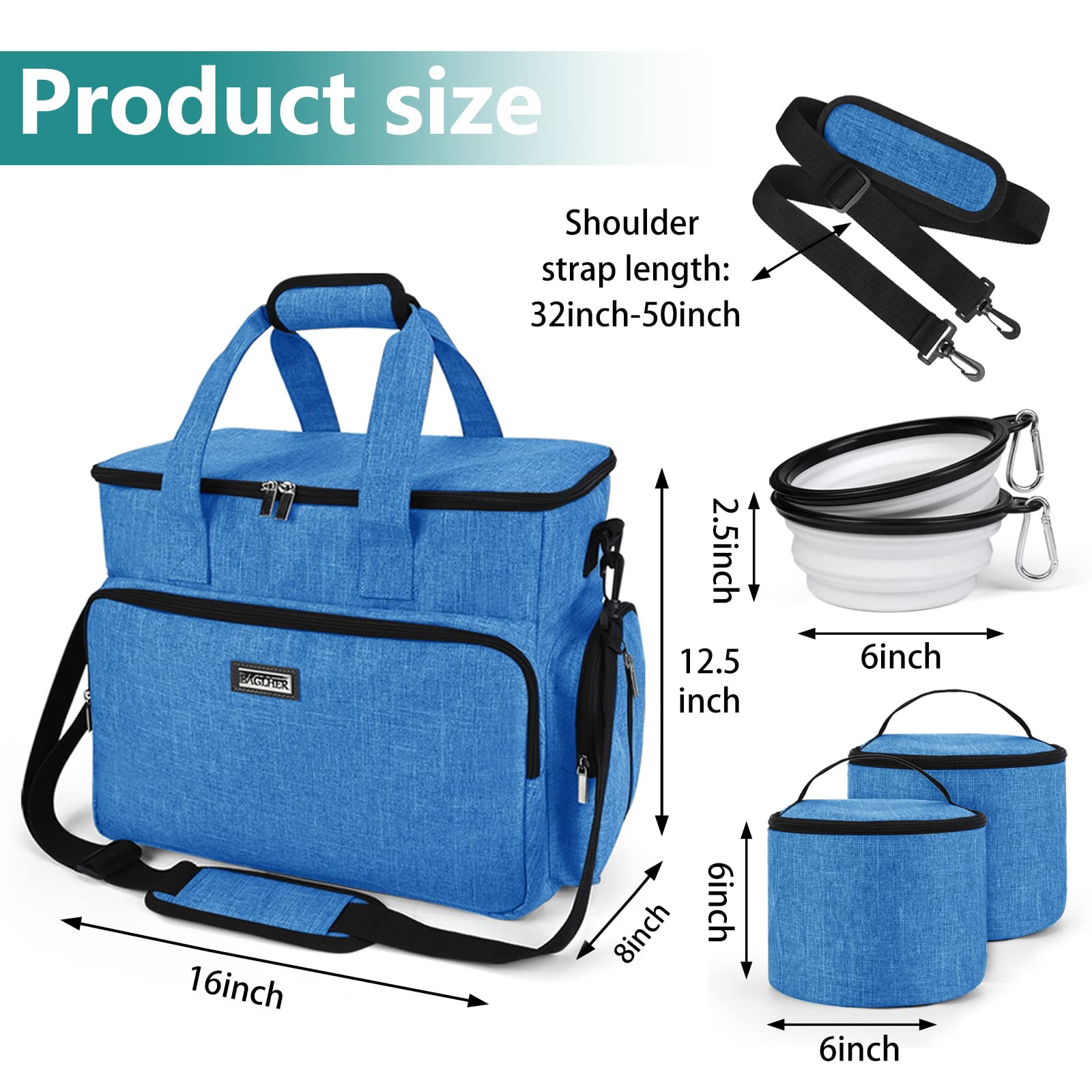 BAGLHER Dog Travel Bag - Waterproof Pet Carrier with 2 Food Containers & 2 Collapsible Bowls | Essential Pet Travel Accessories for Dogs Cats | Perfect for Airplane Car Camping Trips