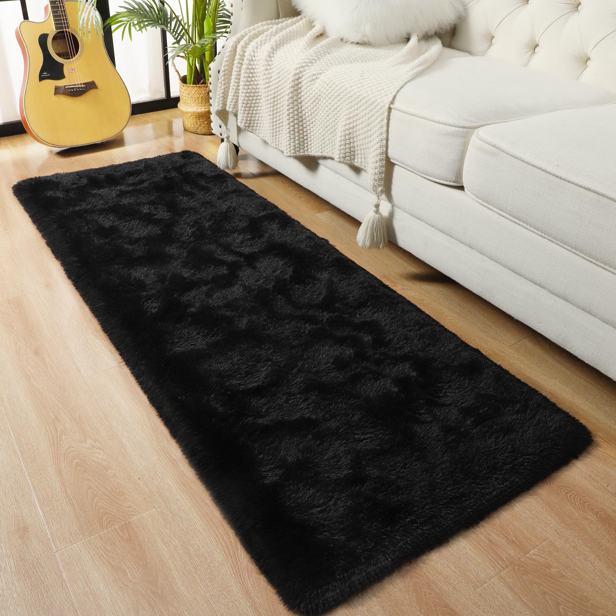 Foxmas Soft Runner Rug - 2x6 Feet Fluffy Shag Area Rug with Non-Slip Bottom for Bedroom, Living Room, Nursery, Kids Room & Dorm | Plush Carpet for Cozy Home Decor, Hallway & Bedside Use (Black)