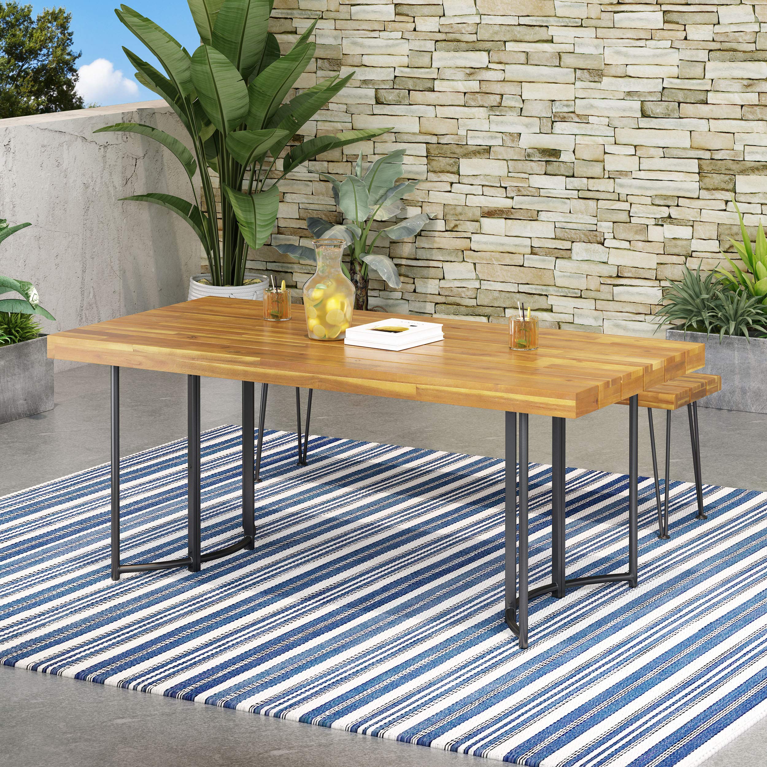Samuel Outdoor Modern Industrial Acacia Wood Dining Table - Teak & Black Finish - Perfect for Patio, Garden, and Backyard Dining