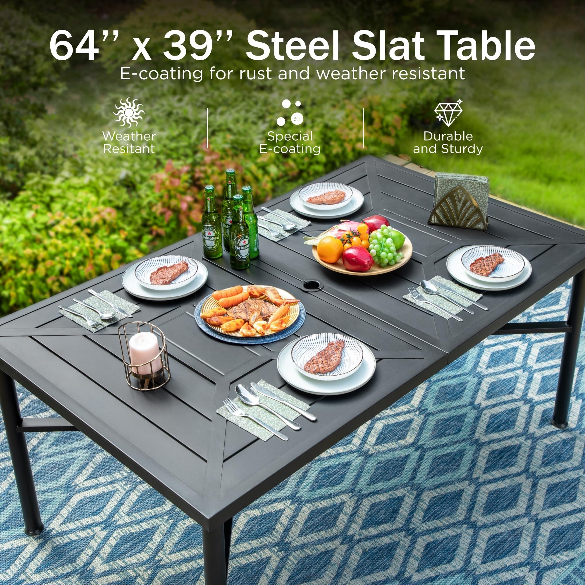 PHI VILLA 7-Piece Outdoor Dining Set - Metal Rectangle Table & 6 Stackable Bistro Chairs for Patio, Backyard, Garden - Perfect for BBQs, Poolside Gatherings & Outdoor Entertaining