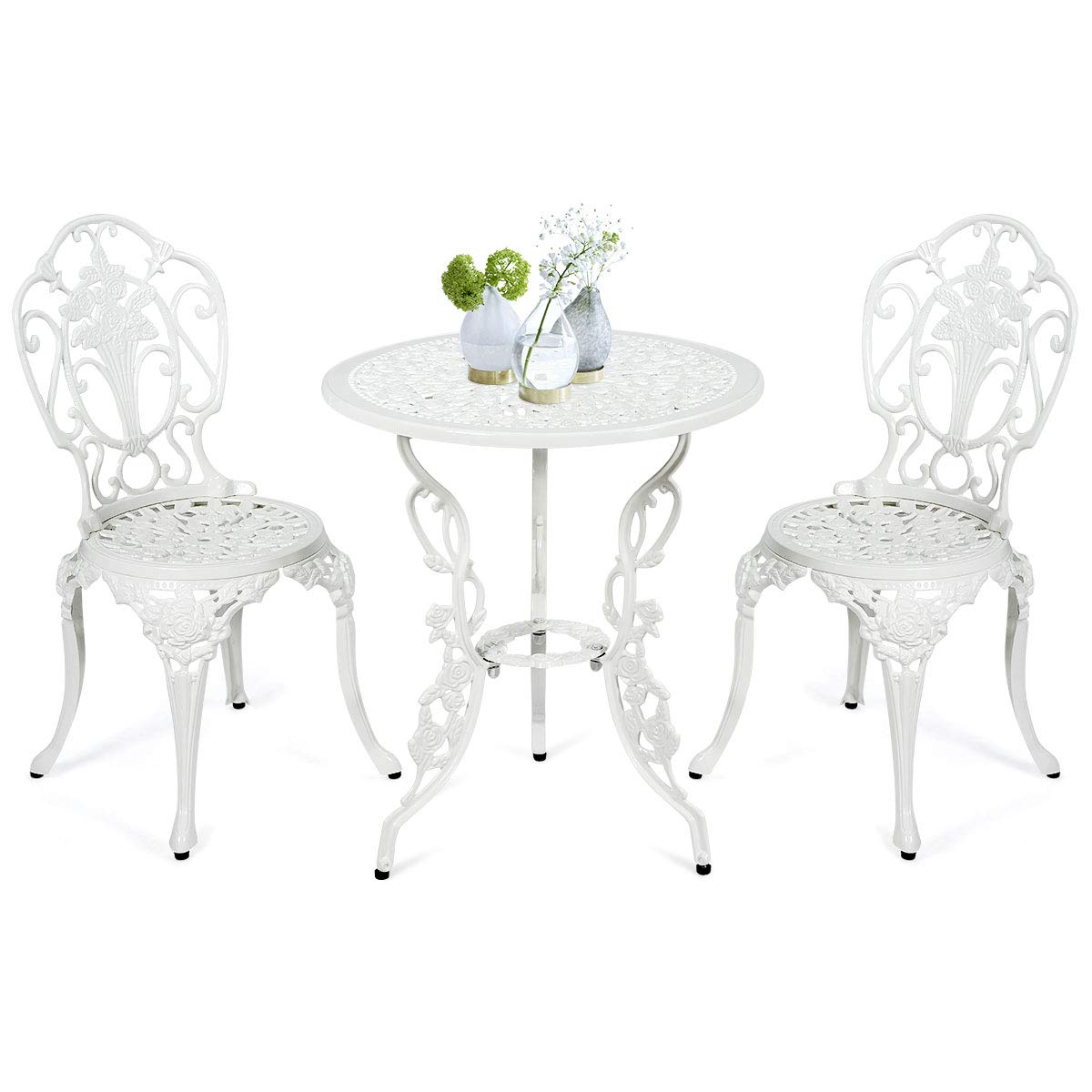 Giantex 3-Piece Bistro Set with Cast Tulip Design - Antique Style Outdoor Patio Furniture, Weather-Resistant Round Table & Chairs with Umbrella Hole - Perfect for Garden, Backyard, and Balcony Relaxation