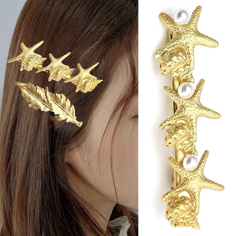 3Pcs Starfish Hair Clips with Pearls - Ocean Themed Hair Barrettes for Women & Girls - Perfect for Beach Weddings, Summer Vacations & Boho Hair Accessories