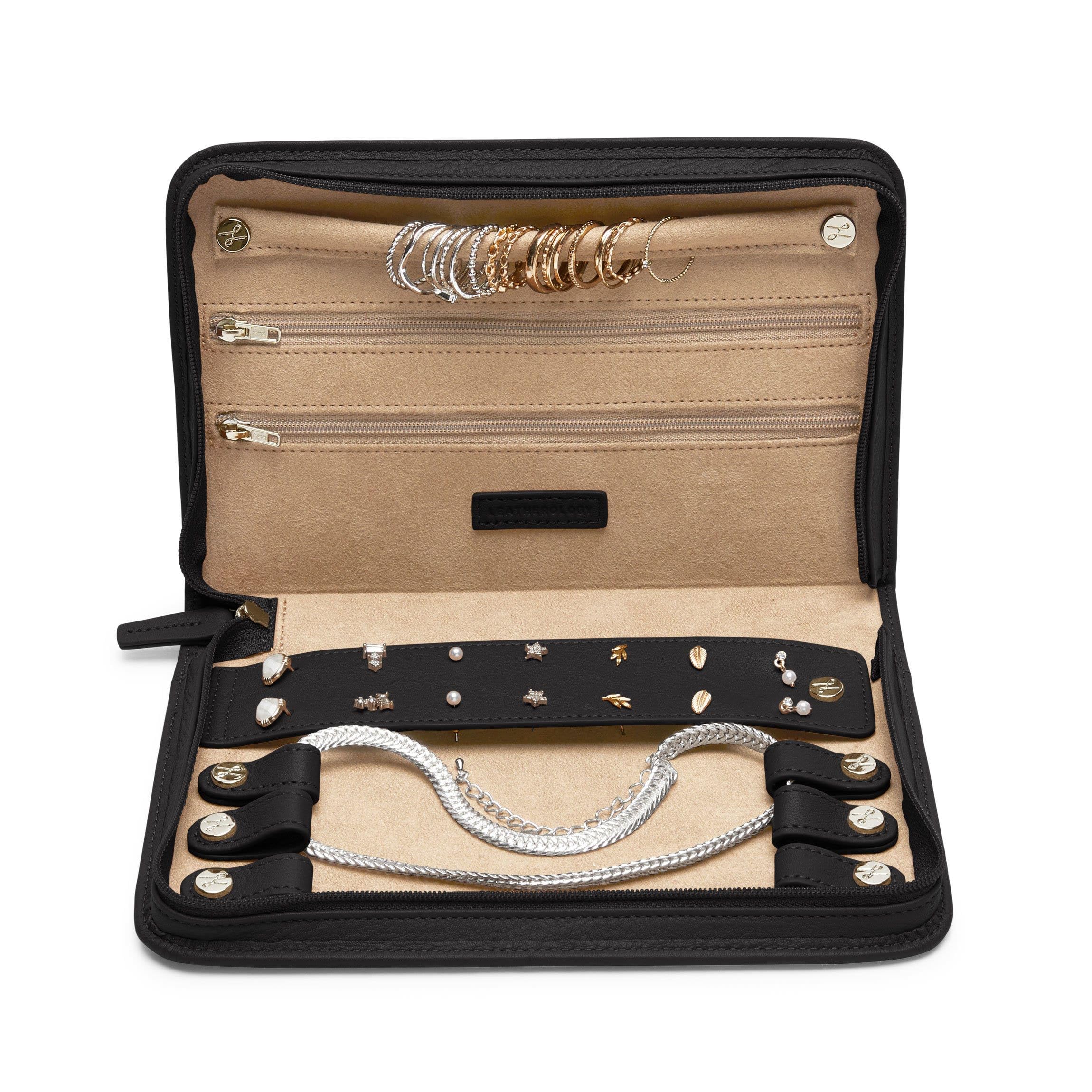 Leatherology Black Onyx Large Jewelry Organizer Case - Premium Leather Jewelry Box with Ample Storage & Travel-Friendly Design | Perfect for Necklace, Ring & Earring Organization at Home or Travel