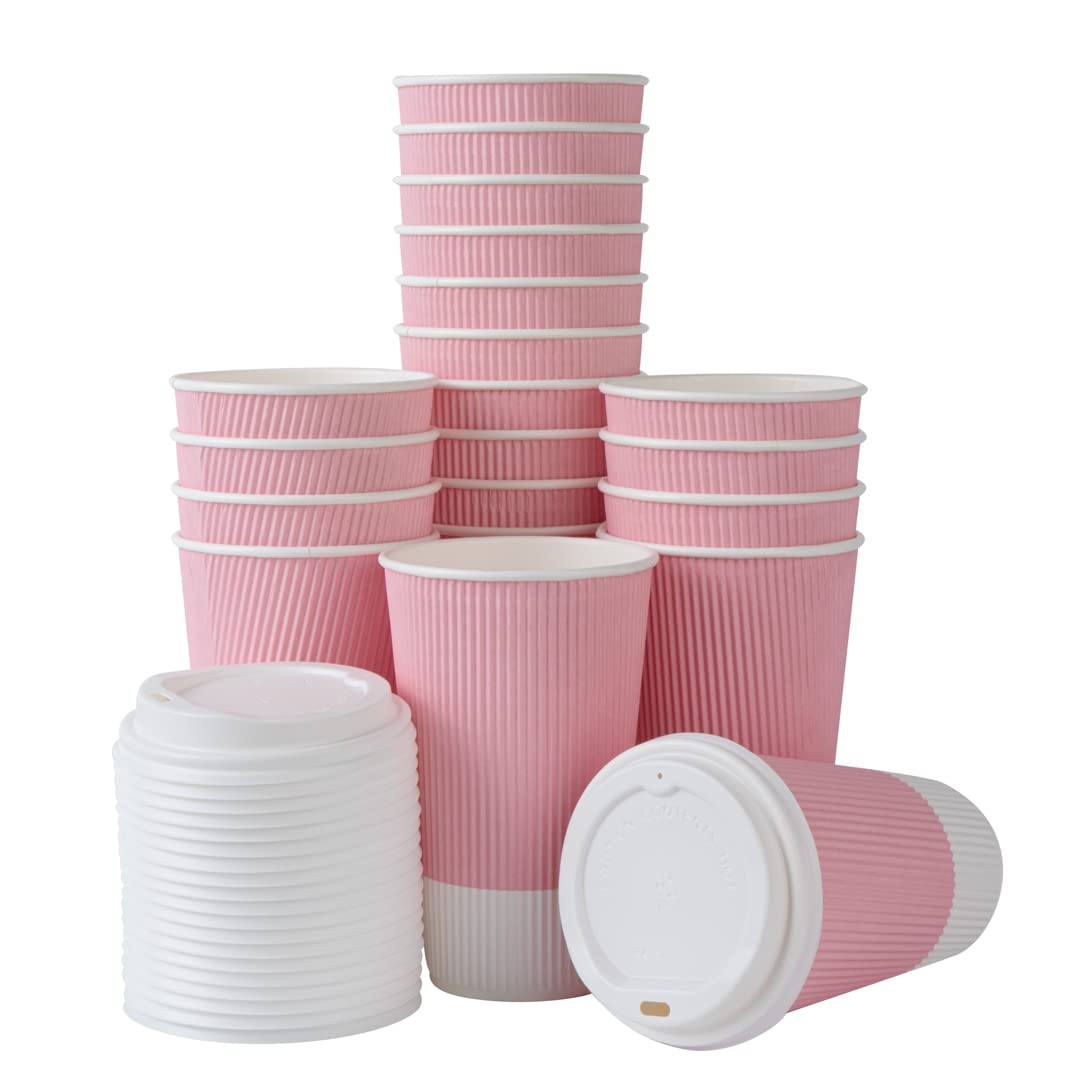 16oz Insulated Coffee Cups with Lids (200 Pack) - Leakproof & Non-Slip Hot Paper Cups for Tea, Hot Cocoa, Latte - Light Pink Ripple Wall Disposable Cups for Coffee Shops, Offices & Events