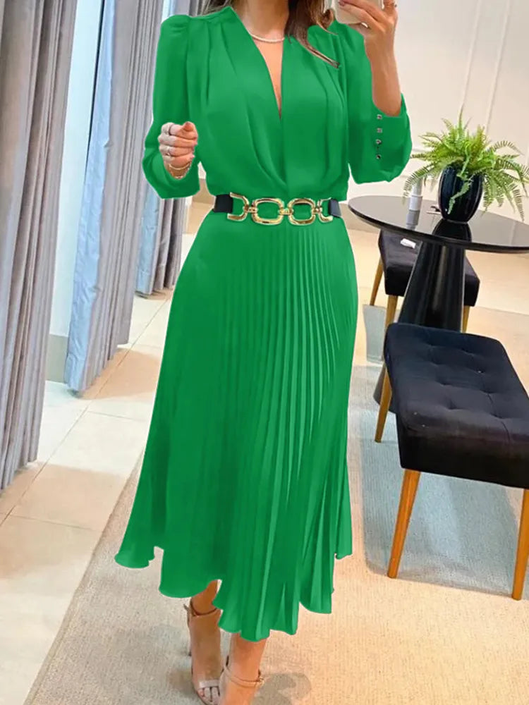 Elegant Black Ankle-Length Dresses for Women - V-Neck Long Sleeve Loose Office Dress with Fold Detail | Autumn Workwear & Formal Occasions