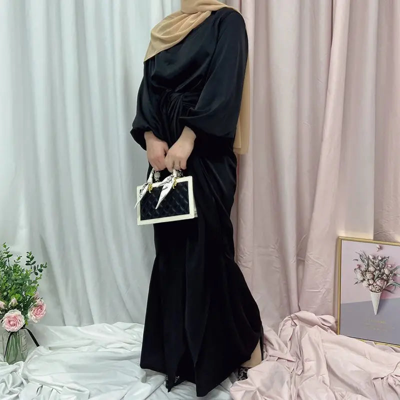 Elegant Satin Abaya Dress with Midi Wrap - Modest Muslim Women's Prayer Dress for Eid, Ramadan & Special Occasions