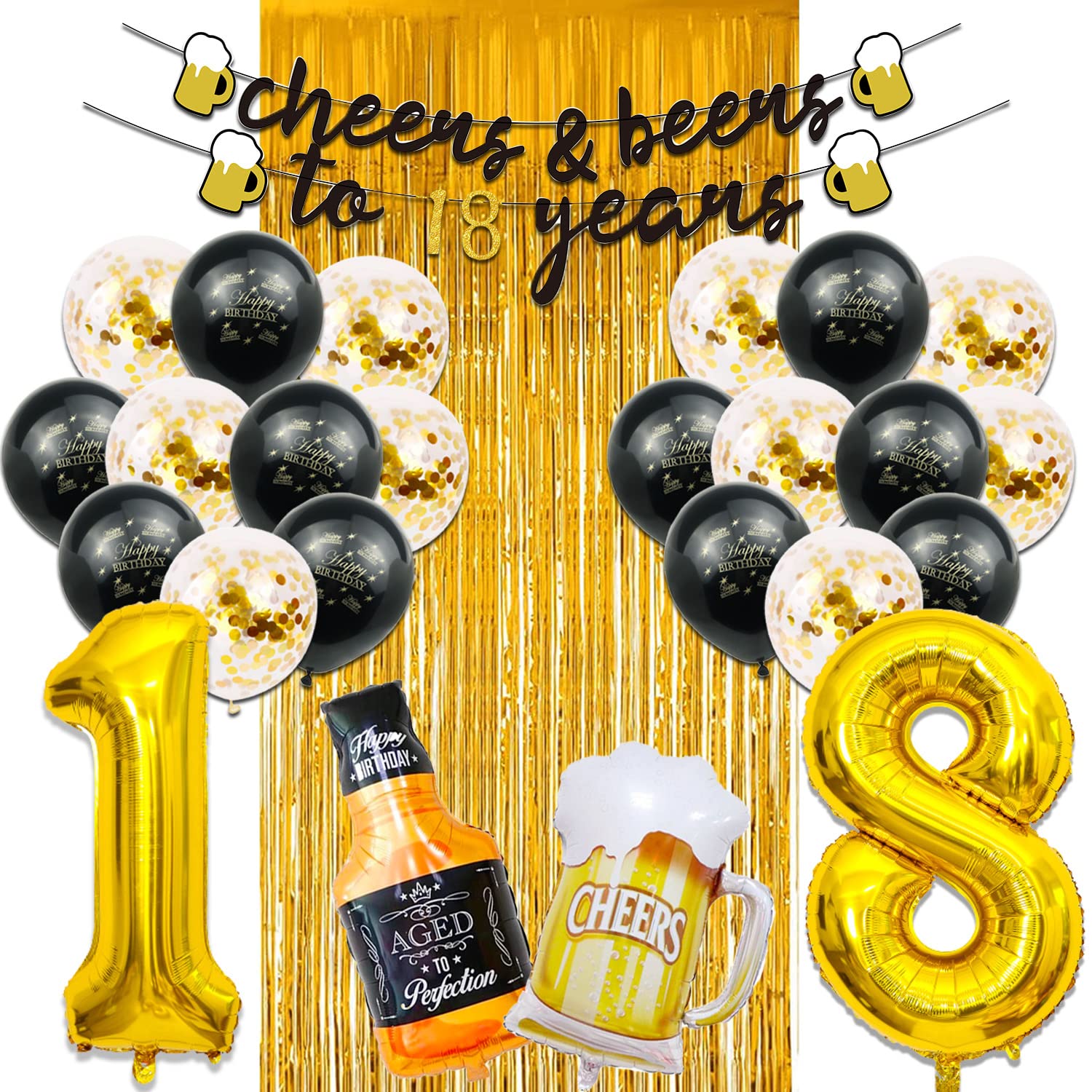 18th Birthday Party Decorations for Boys - 40 Inch Gold Number 18 Balloons, Cheers to 18 Years Banner, Fringe Curtains & Foil Cup Balloons Set - Perfect for Teen Birthday Celebrations, Graduation Parties & Milestone Events