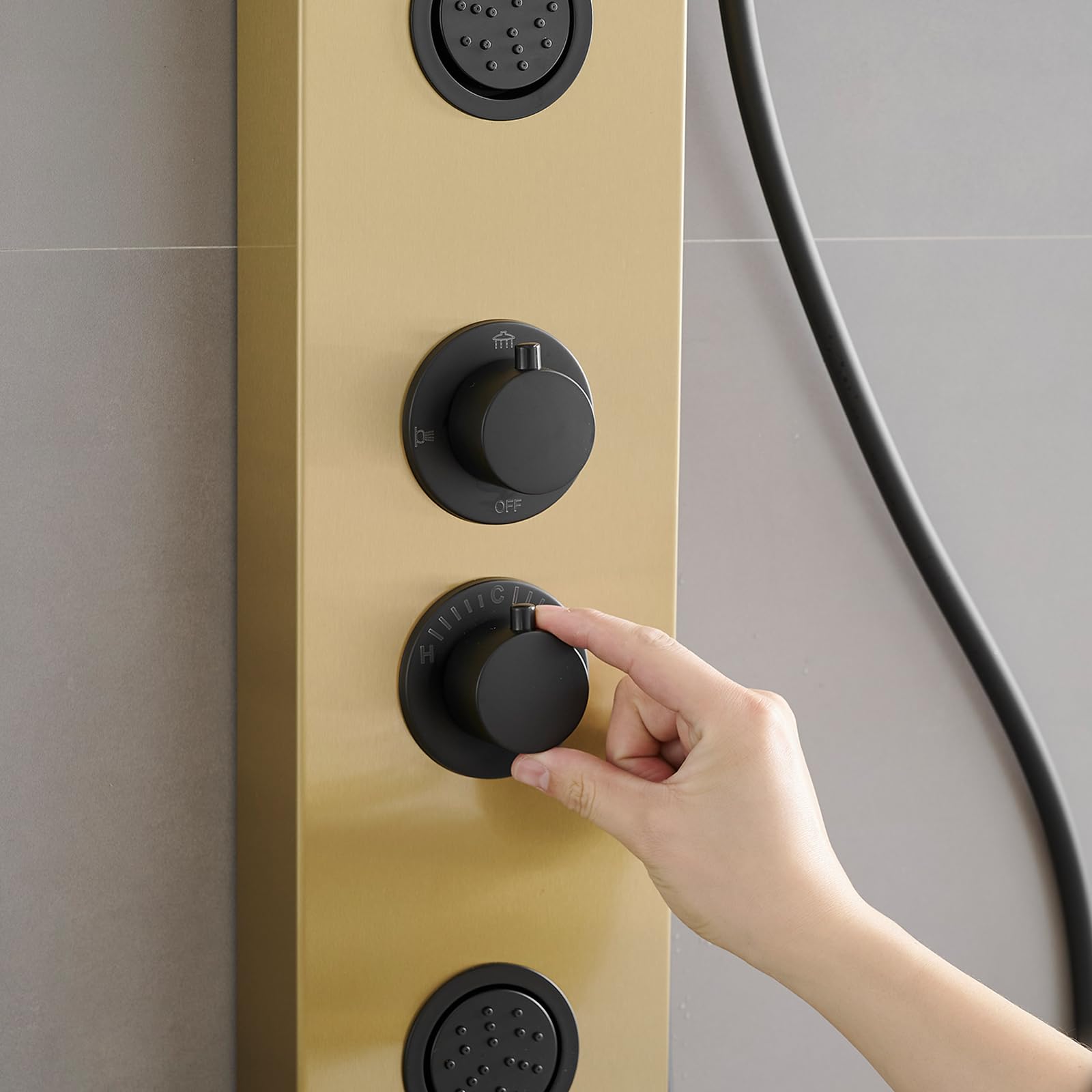 3 in 1 Stainless Steel Shower Panel Tower System - Adjustable Body Jets, Rainfall Shower Head & Handheld Shower - Brushed Gold Finish for Luxurious Bathroom Upgrade | Perfect for Master Bath, Spa-Like Experience & Modern Home Renovation