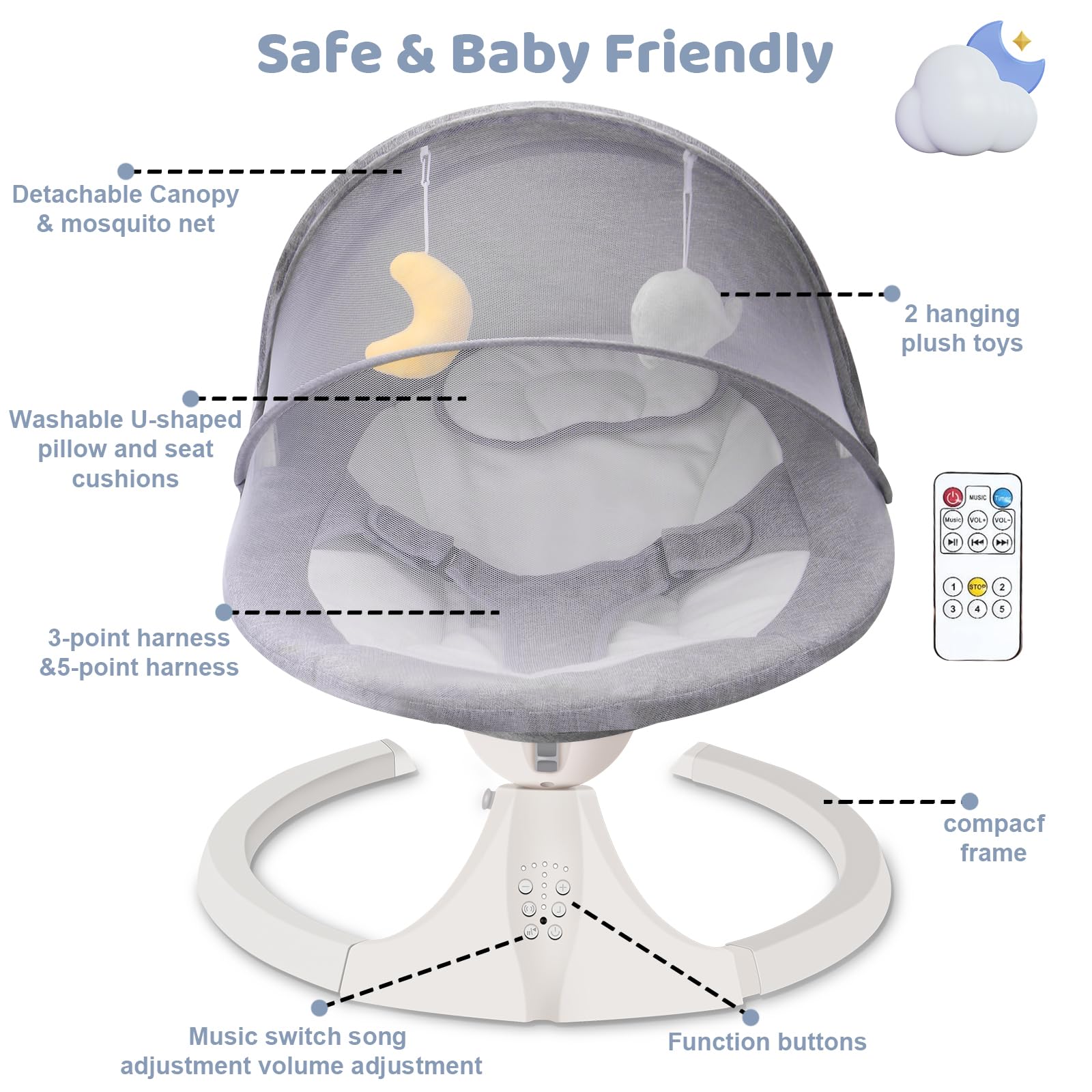 **Best Electric Baby Swing for Infants 0-12 Months - Portable Bluetooth Baby Bouncer with 5 Speed Settings & 10 Soothing Lullabies - Plug-in Newborn Swing for Indoor & Outdoor Use (Grey) - Perfect for Nursery, Travel & Relaxation**