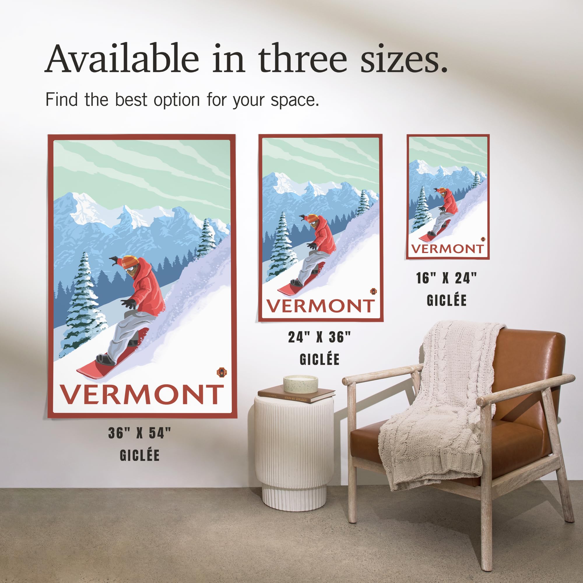 Lantern Press 16x24 Inch Giclee Art Print - Vermont Snowboarder Wall Decor - Premium Canvas Wall Art for Living Room, Bedroom & Office