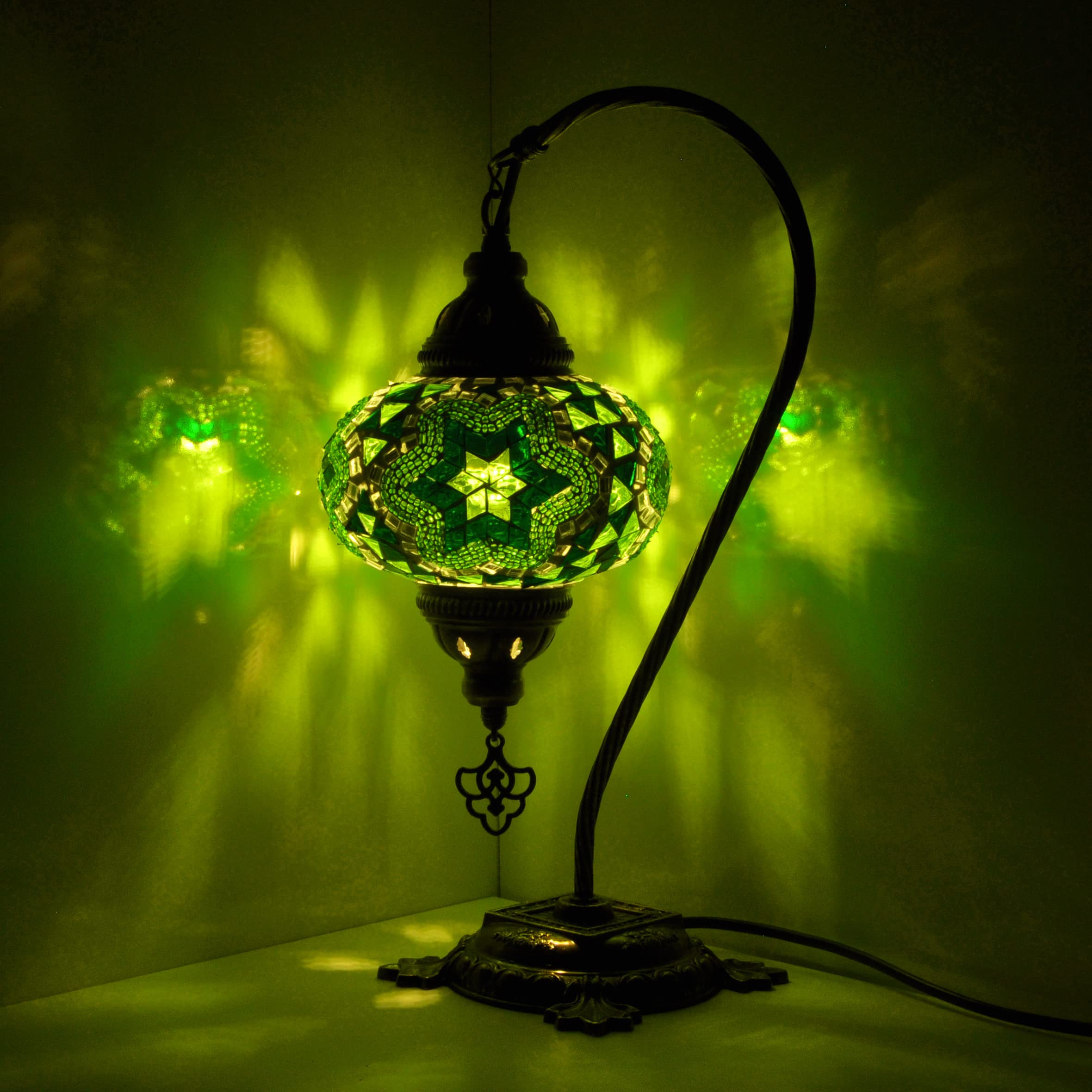 Handmade Turkish Mosaic Table Lamp with Bronze Base & Swan Neck Design - Moroccan Tiffany Style Night Light with LED Bulb for Bedroom, Living Room, and Home Decor